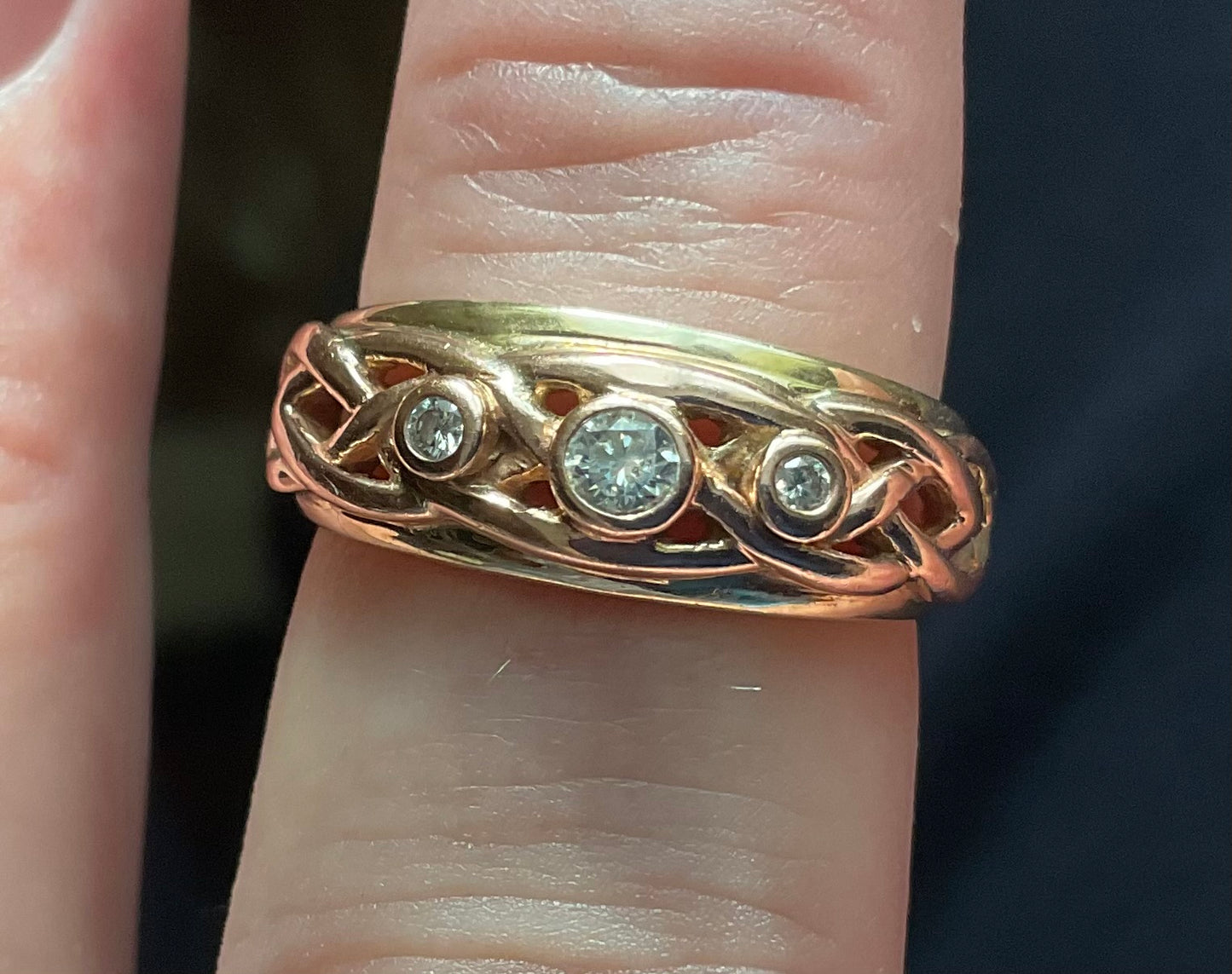 Clogau 9ct 3 Diamond Lovers Knot Celtic weave ring size N1/2 yellow and rose gold 4.83g