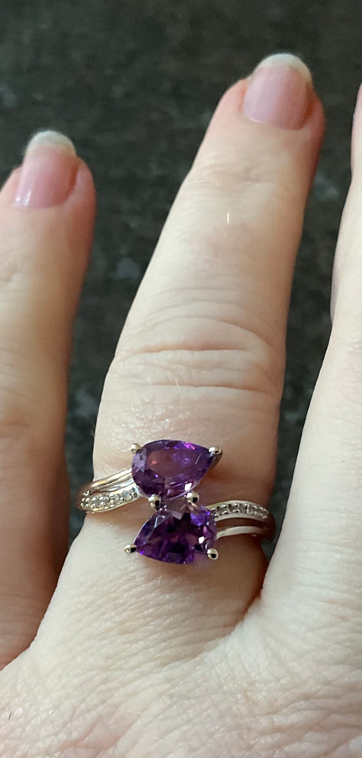 925 Amethyst pear cut 8x5mm bypass ring with clear gem set shoulders size P1/2