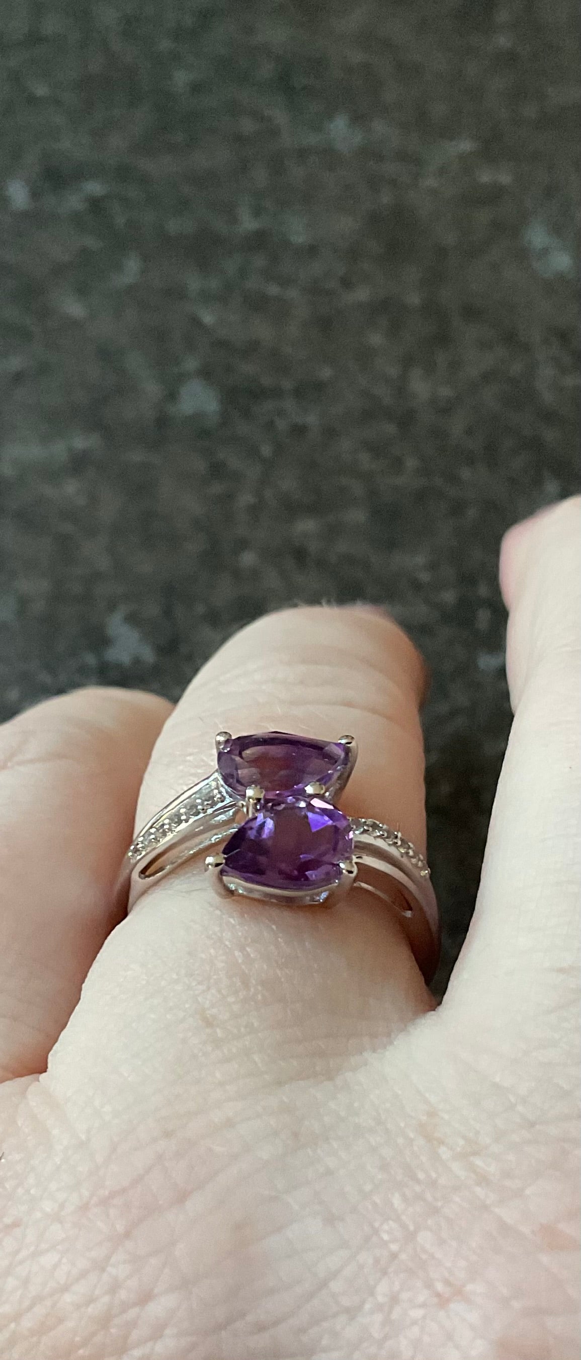 925 Amethyst pear cut 8x5mm bypass ring with clear gem set shoulders size P1/2
