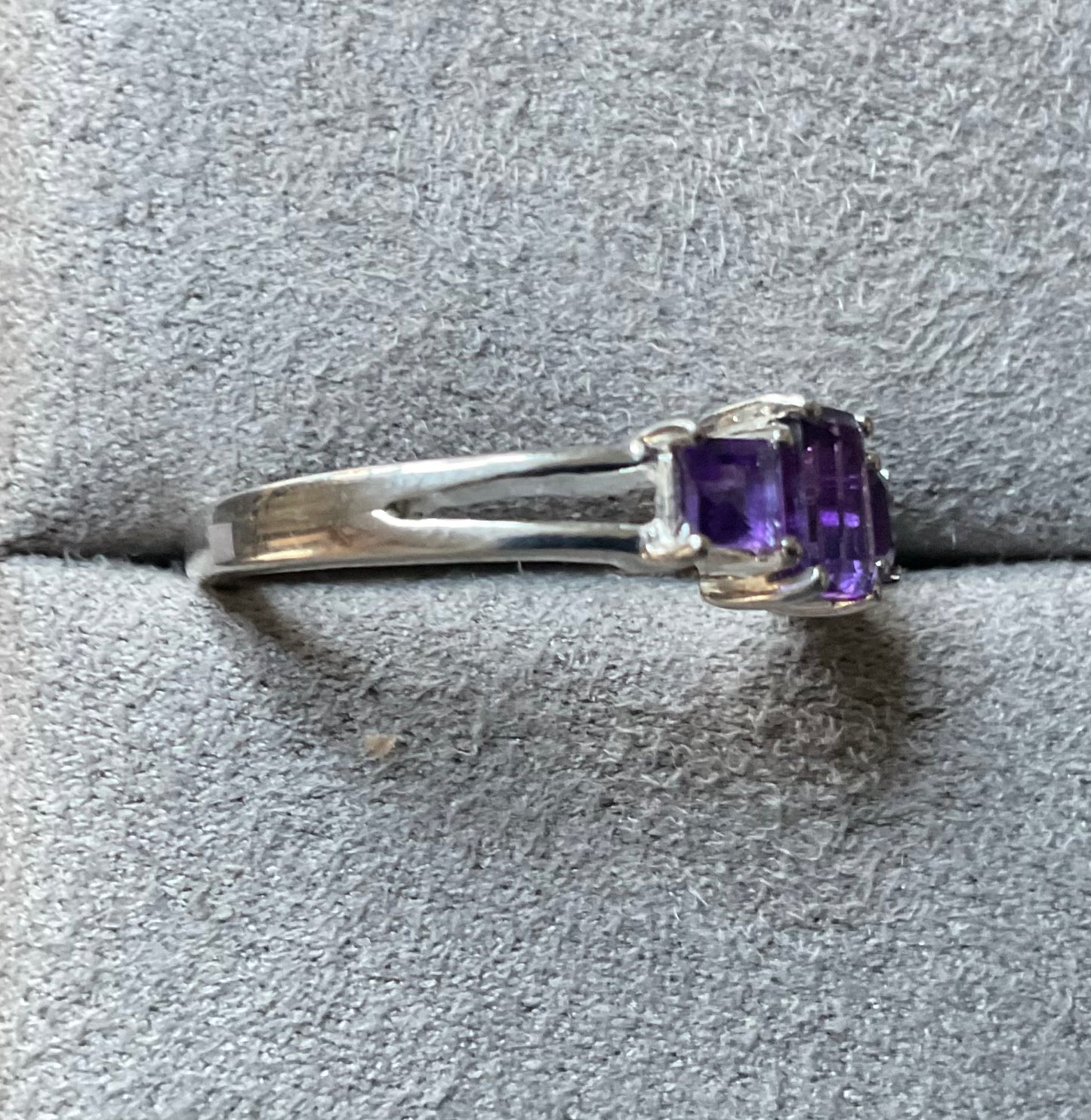 925 Amethyst rectangle and square cut trilogy ring size P1/2