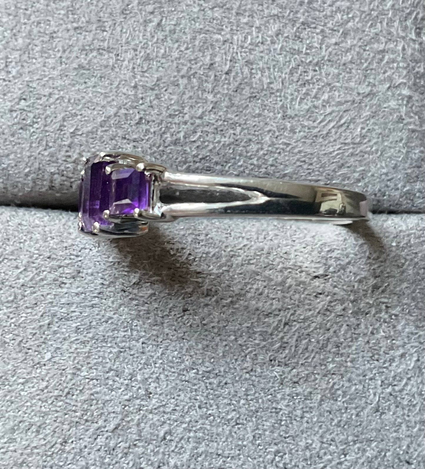 925 Amethyst rectangle and square cut trilogy ring size P1/2