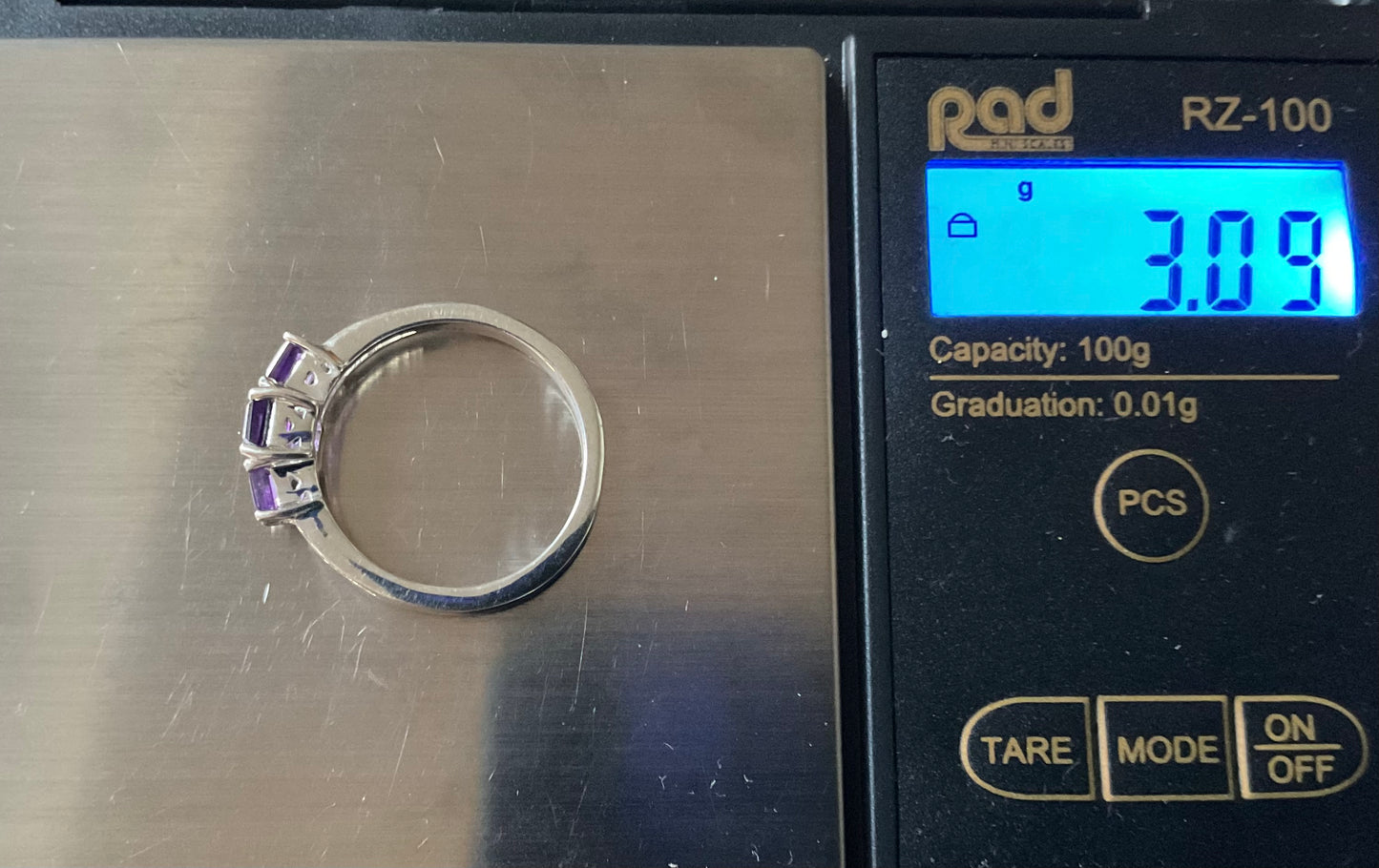 925 Amethyst rectangle and square cut trilogy ring size P1/2