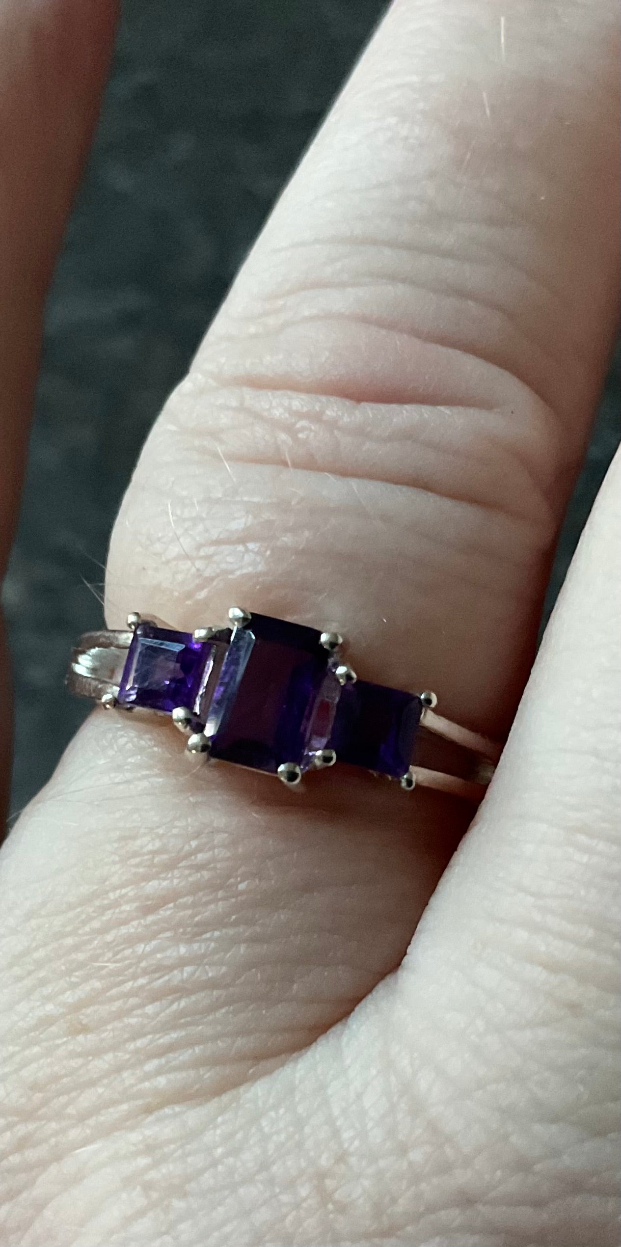 925 Amethyst rectangle and square cut trilogy ring size P1/2