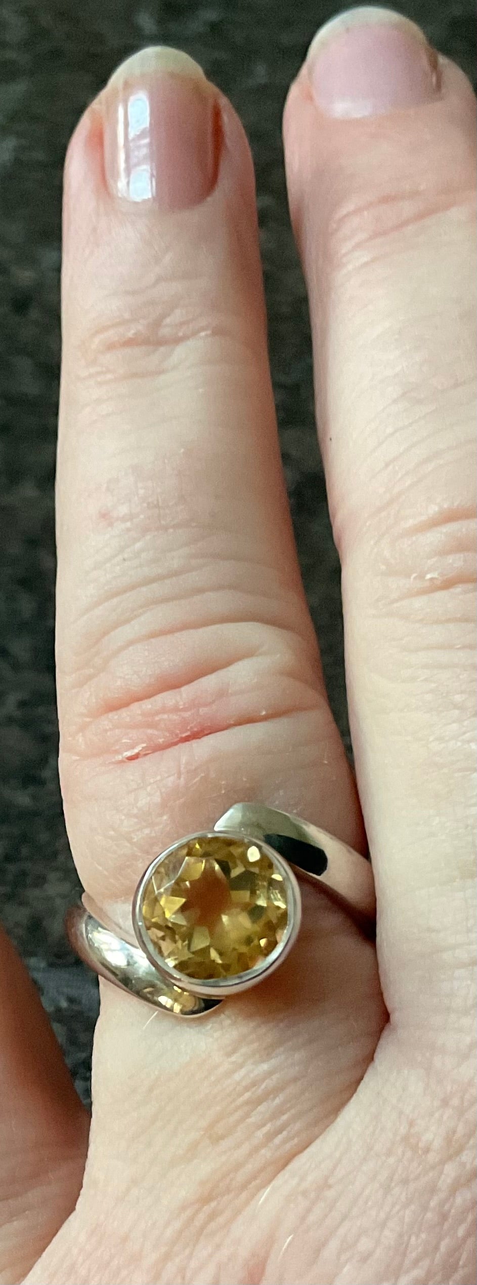925 Citrine 9mm round cut solitaire bypass ring size P1/2