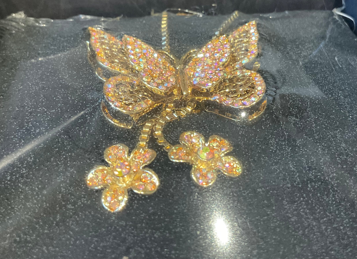 Butler and Wilson gold tone crystal butterfly necklace aurora borealis sealed in original box