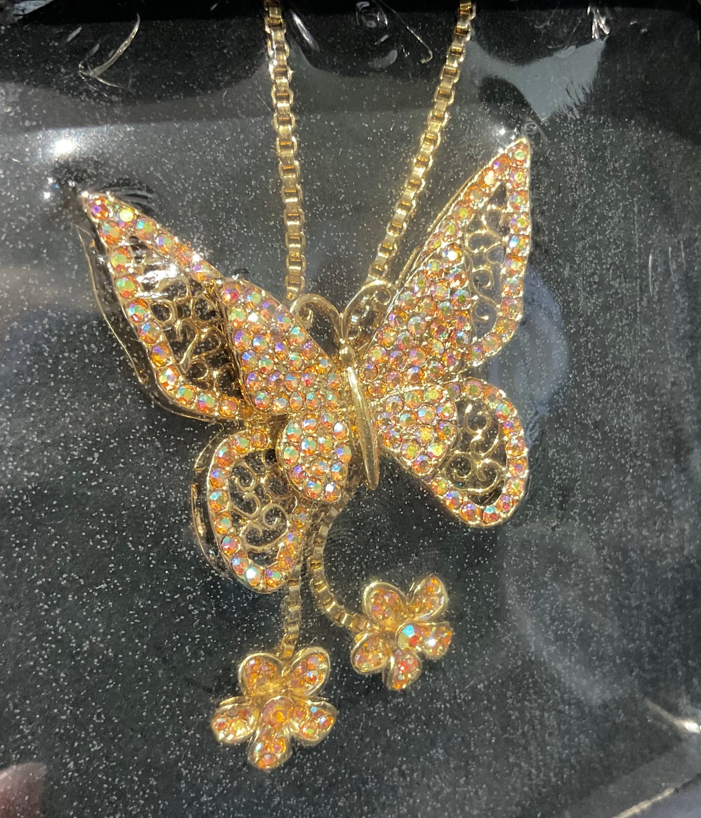 Butler and Wilson gold tone crystal butterfly necklace aurora borealis sealed in original box