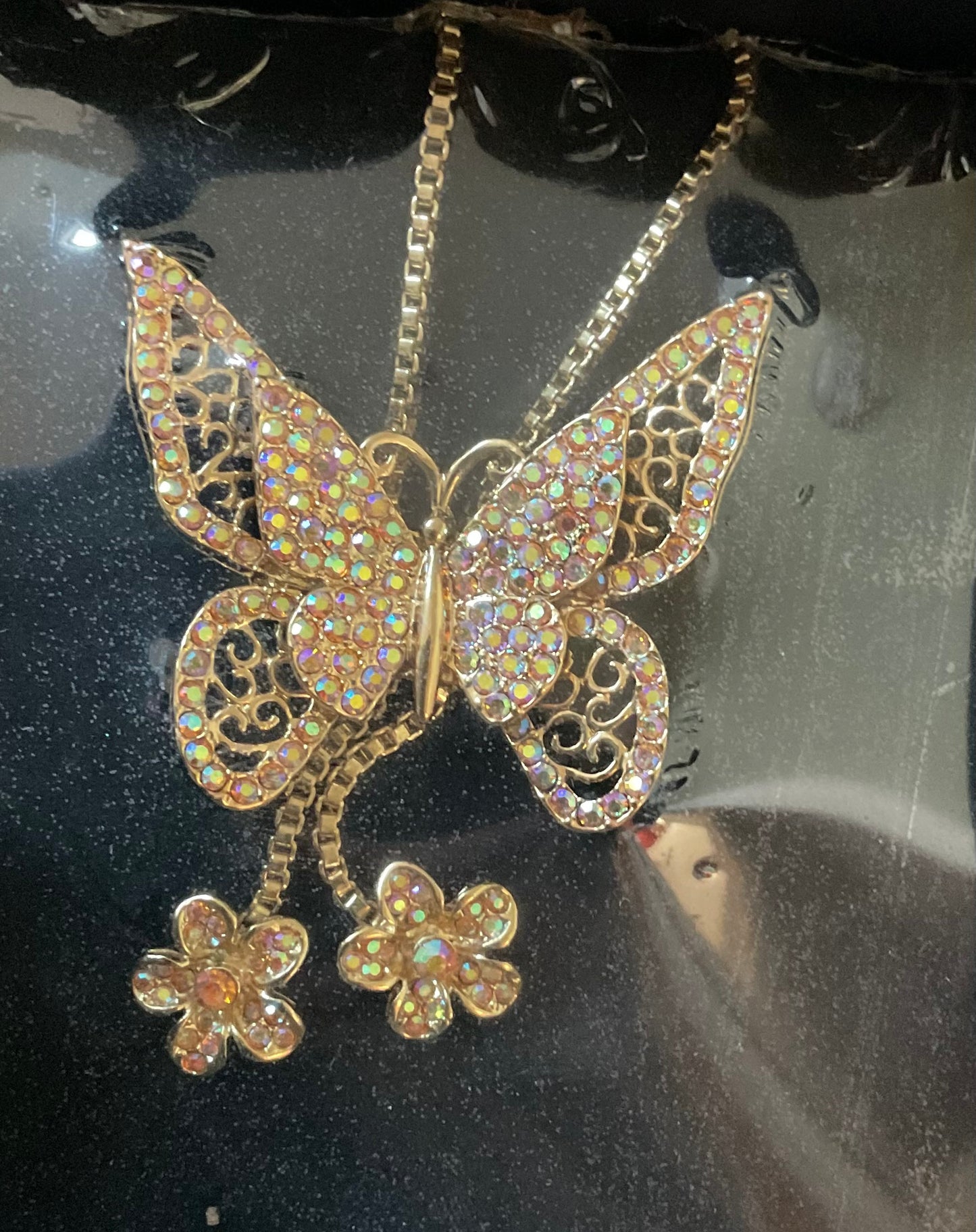 Butler and Wilson gold tone crystal butterfly necklace aurora borealis sealed in original box