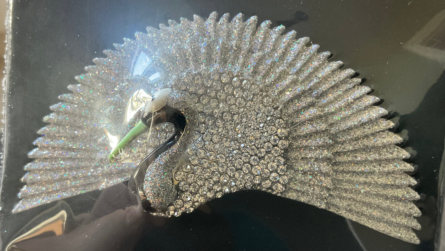 Butler and Wilson Stylised Crane bird brooch in silver tone with clear aurora borealis crystals sealed in original box