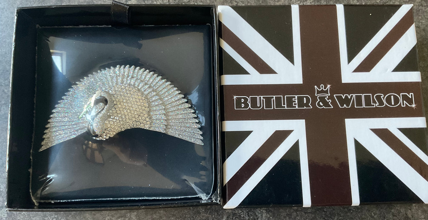 Butler and Wilson Stylised Crane bird brooch in silver tone with clear aurora borealis crystals sealed in original box