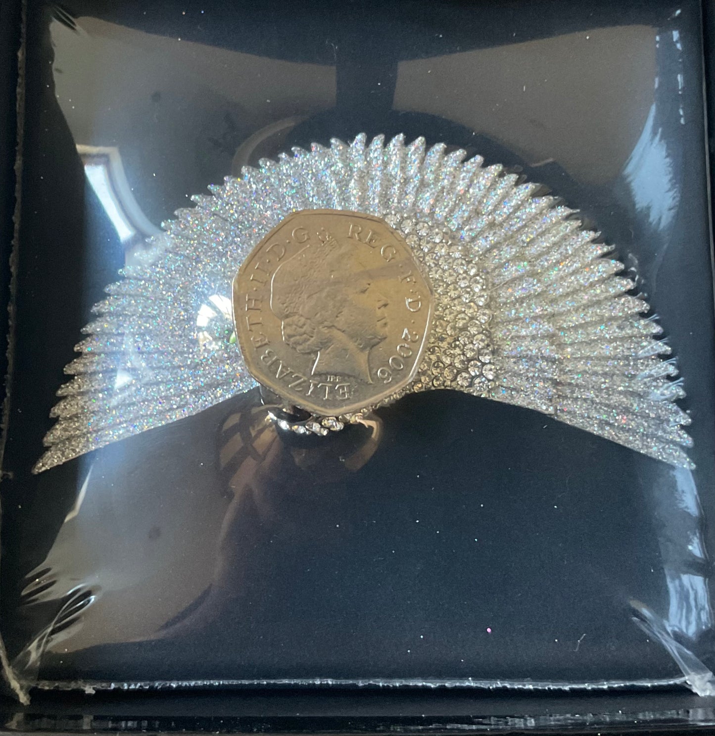 Butler and Wilson Stylised Crane bird brooch in silver tone with clear aurora borealis crystals sealed in original box