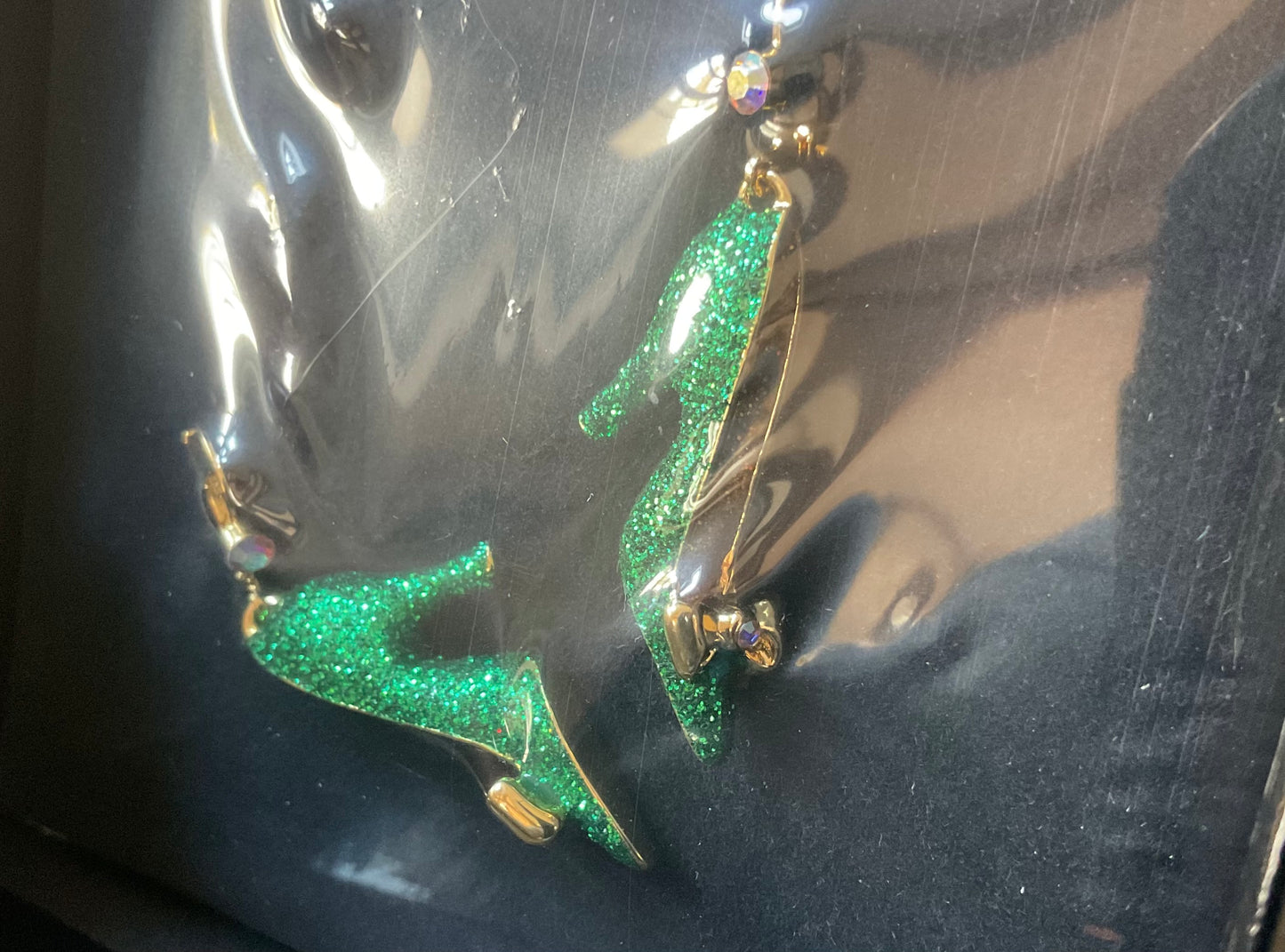 Butler and Wilson Green Glitter Stiletto shoe drop earrings sealed in box
