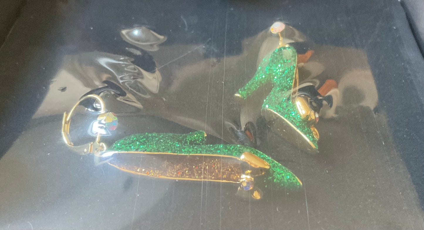 Butler and Wilson Green Glitter Stiletto shoe drop earrings sealed in box
