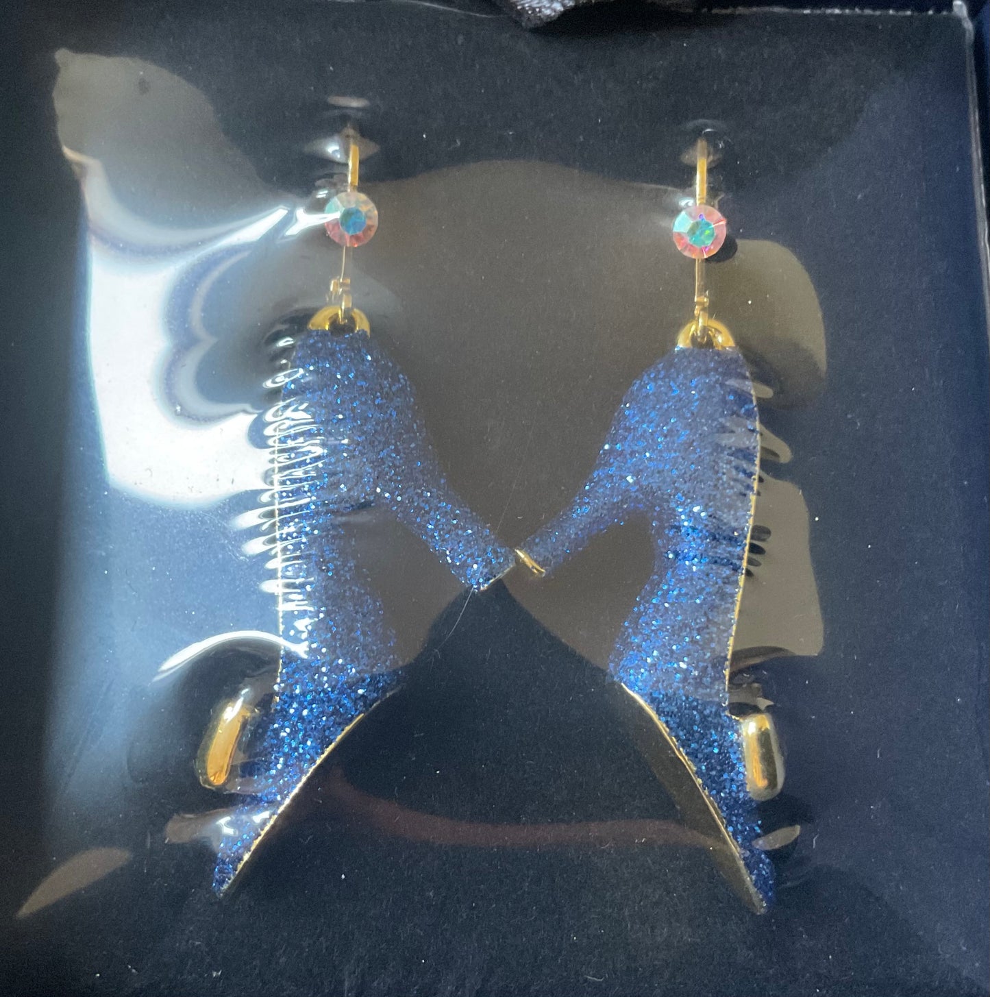 Butler and Wilson High Heel Blue glitter sparkle shoe dangle drop earrings sealed in box