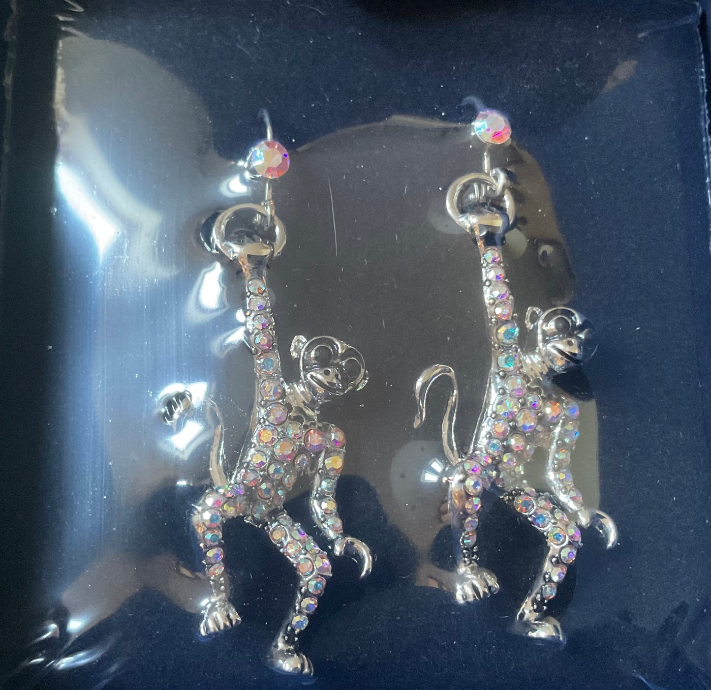 Butler and Wilson Swinging Monkeys silver tone crystal drop earrings sealed in original box