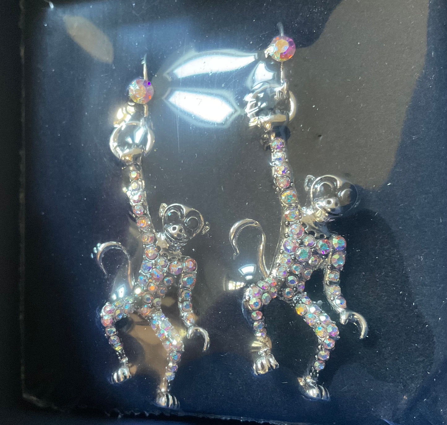 Butler and Wilson Swinging Monkeys silver tone crystal drop earrings sealed in original box