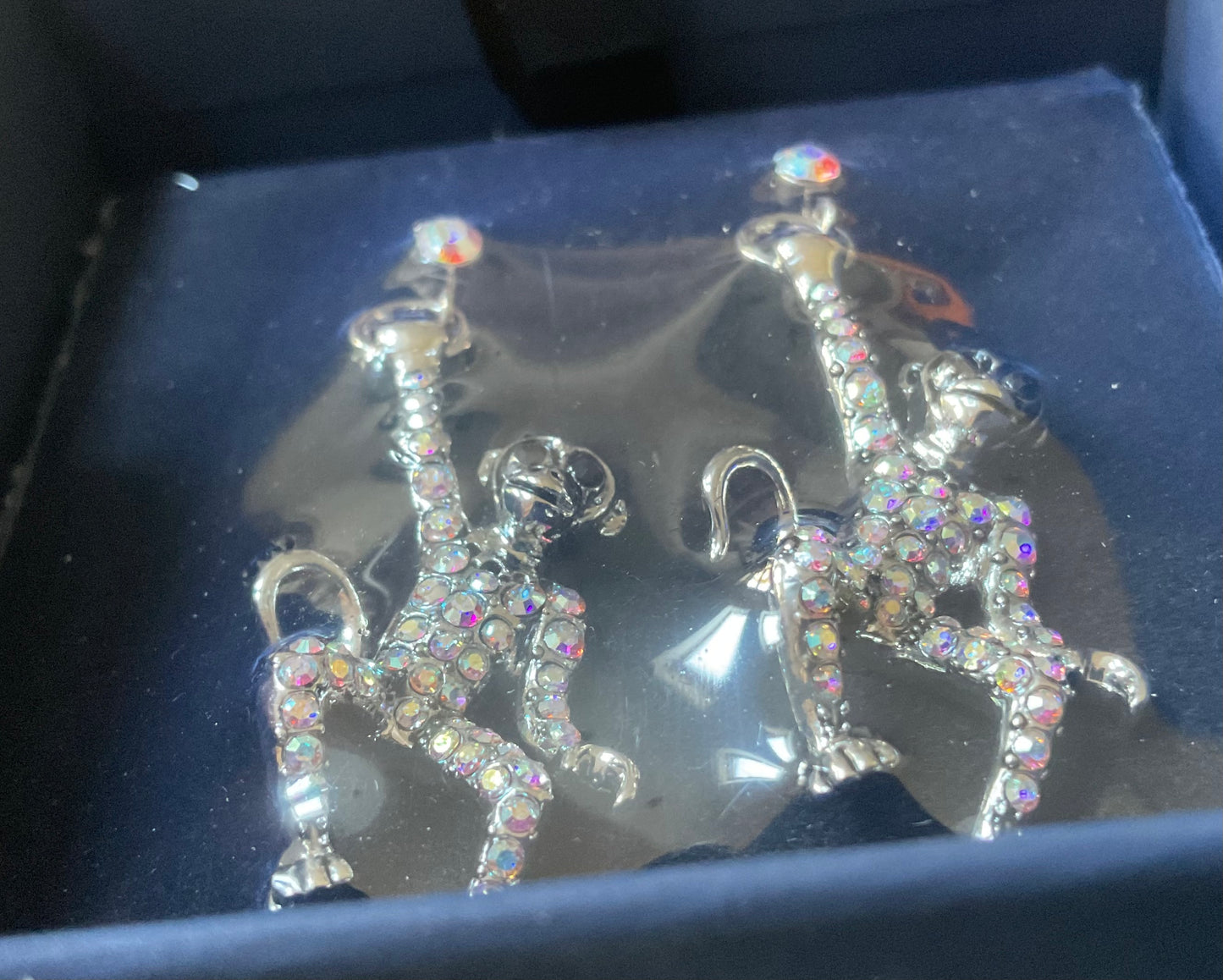Butler and Wilson Swinging Monkeys silver tone crystal drop earrings sealed in original box