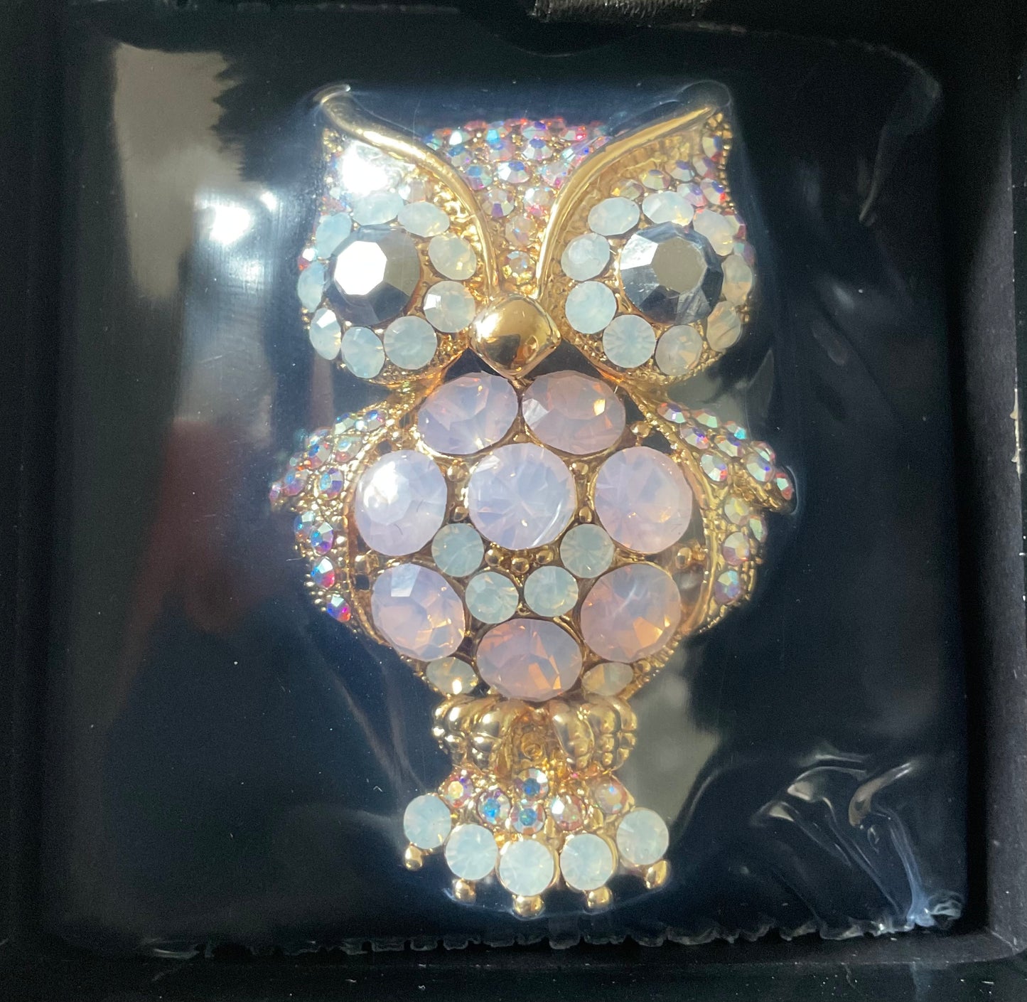 Butler and Wilson Owl Brooch gold tone with pink, white and aurora borealis crystals sealed in original box