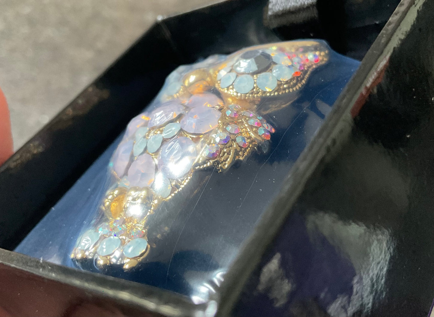 Butler and Wilson Owl Brooch gold tone with pink, white and aurora borealis crystals sealed in original box