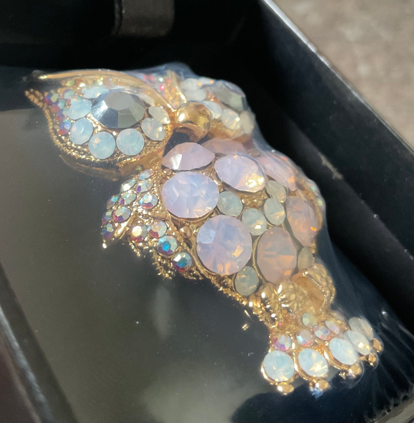 Butler and Wilson Owl Brooch gold tone with pink, white and aurora borealis crystals sealed in original box