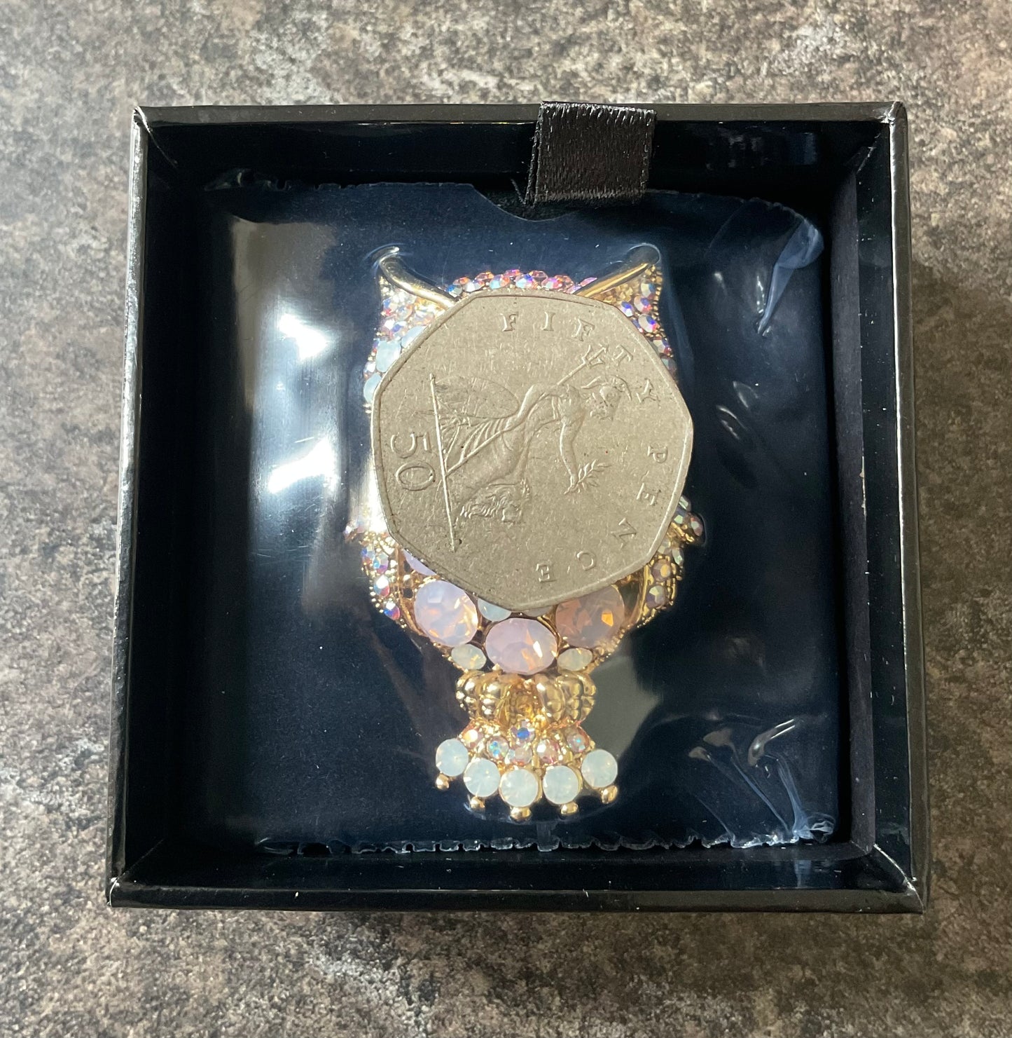 Butler and Wilson Owl Brooch gold tone with pink, white and aurora borealis crystals sealed in original box