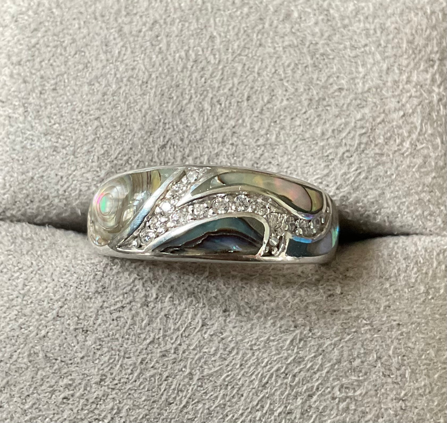 925 Paua/abalone shell domed Diamonique ring sterling silver size P QVC