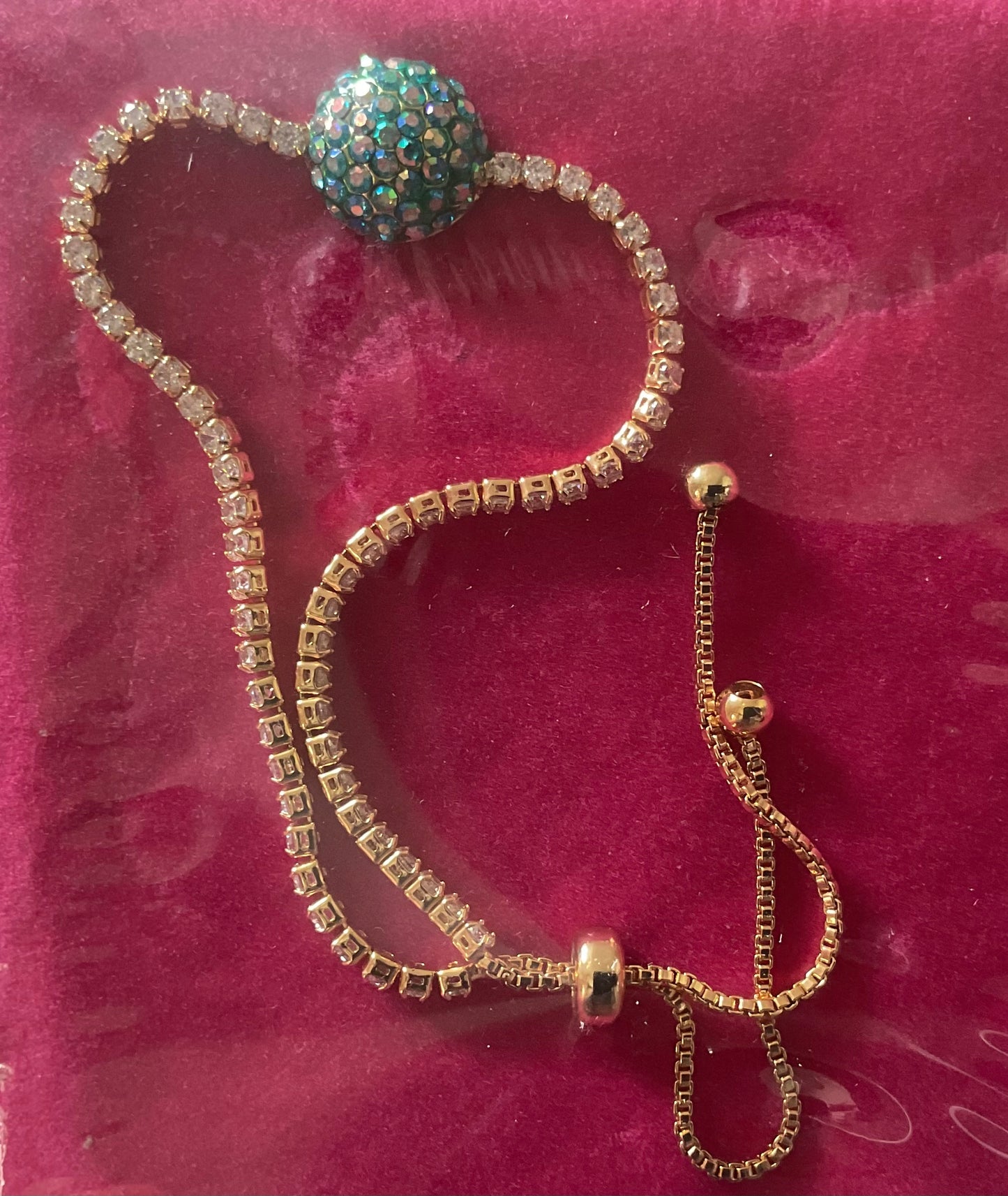 Butler and Wilson Green and Clear crystal Domed Disc adjustable bracelet yellow gold tone sealed in original box