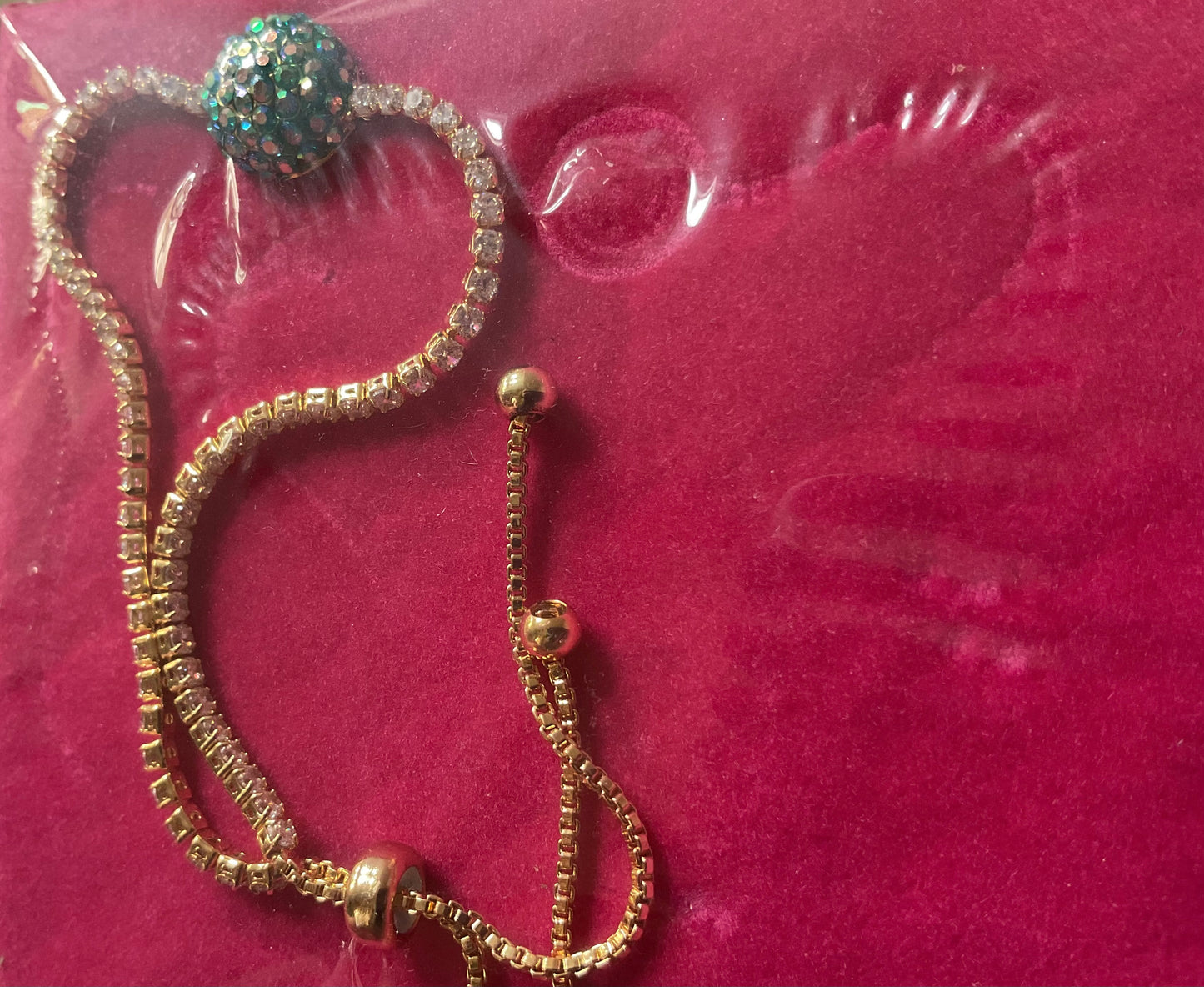 Butler and Wilson Green and Clear crystal Domed Disc adjustable bracelet yellow gold tone sealed in original box