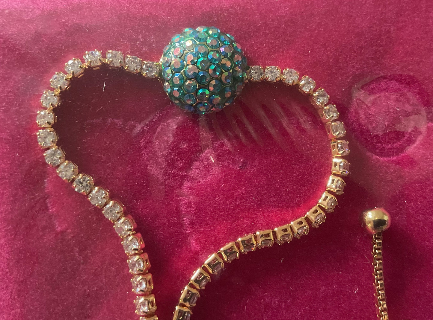 Butler and Wilson Green and Clear crystal Domed Disc adjustable bracelet yellow gold tone sealed in original box