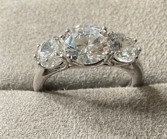 925 Michelle Mone Diamonique Trilogy past present and future ring size P sterling silver QVC