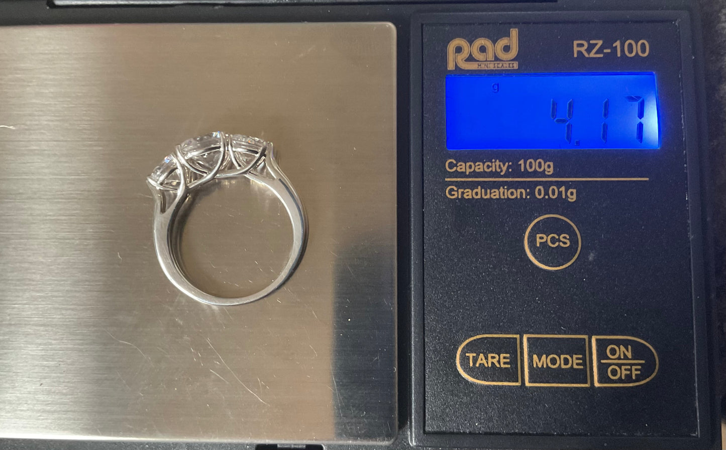 925 Michelle Mone Diamonique Trilogy past present and future ring size P sterling silver QVC