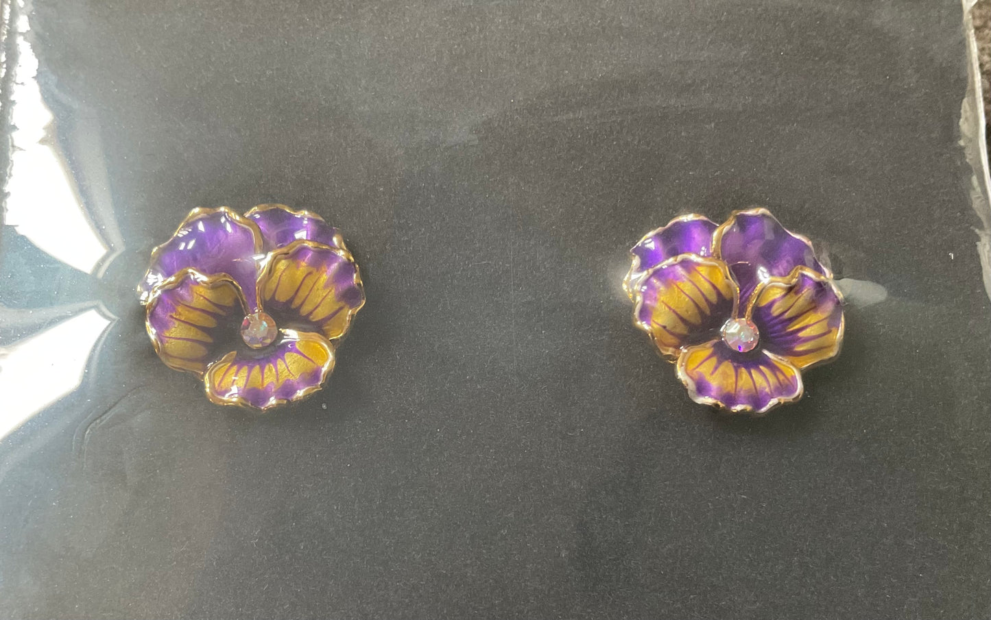 Butler and Wilson Purple and gold Pansy stud earrings sealed in original box