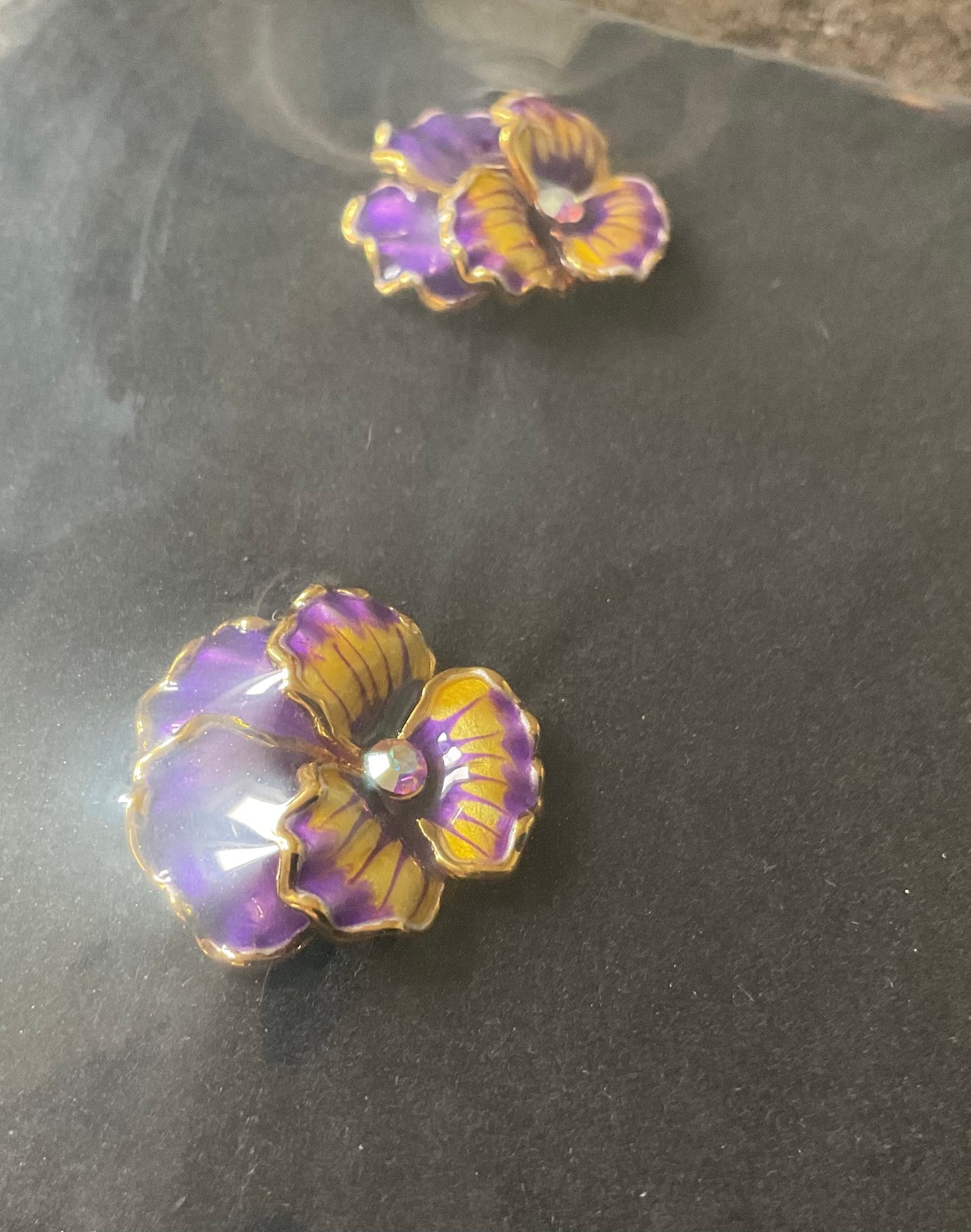 Butler and Wilson Purple and gold Pansy stud earrings sealed in original box