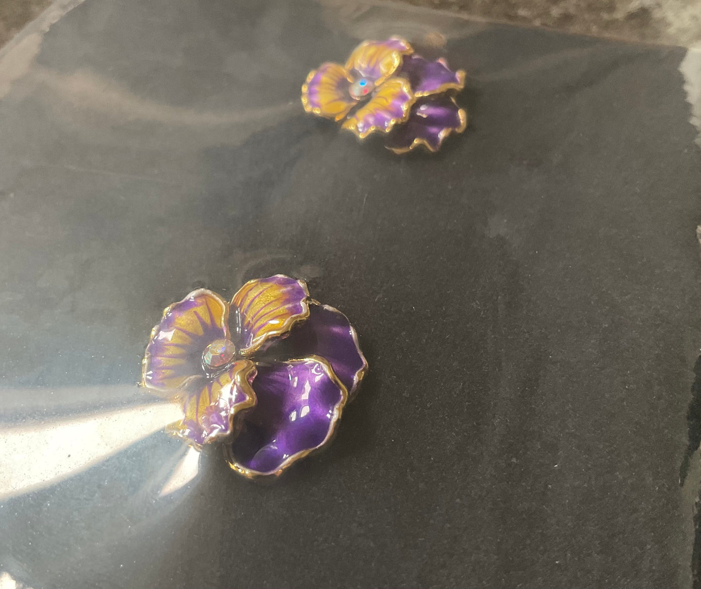 Butler and Wilson Purple and gold Pansy stud earrings sealed in original box