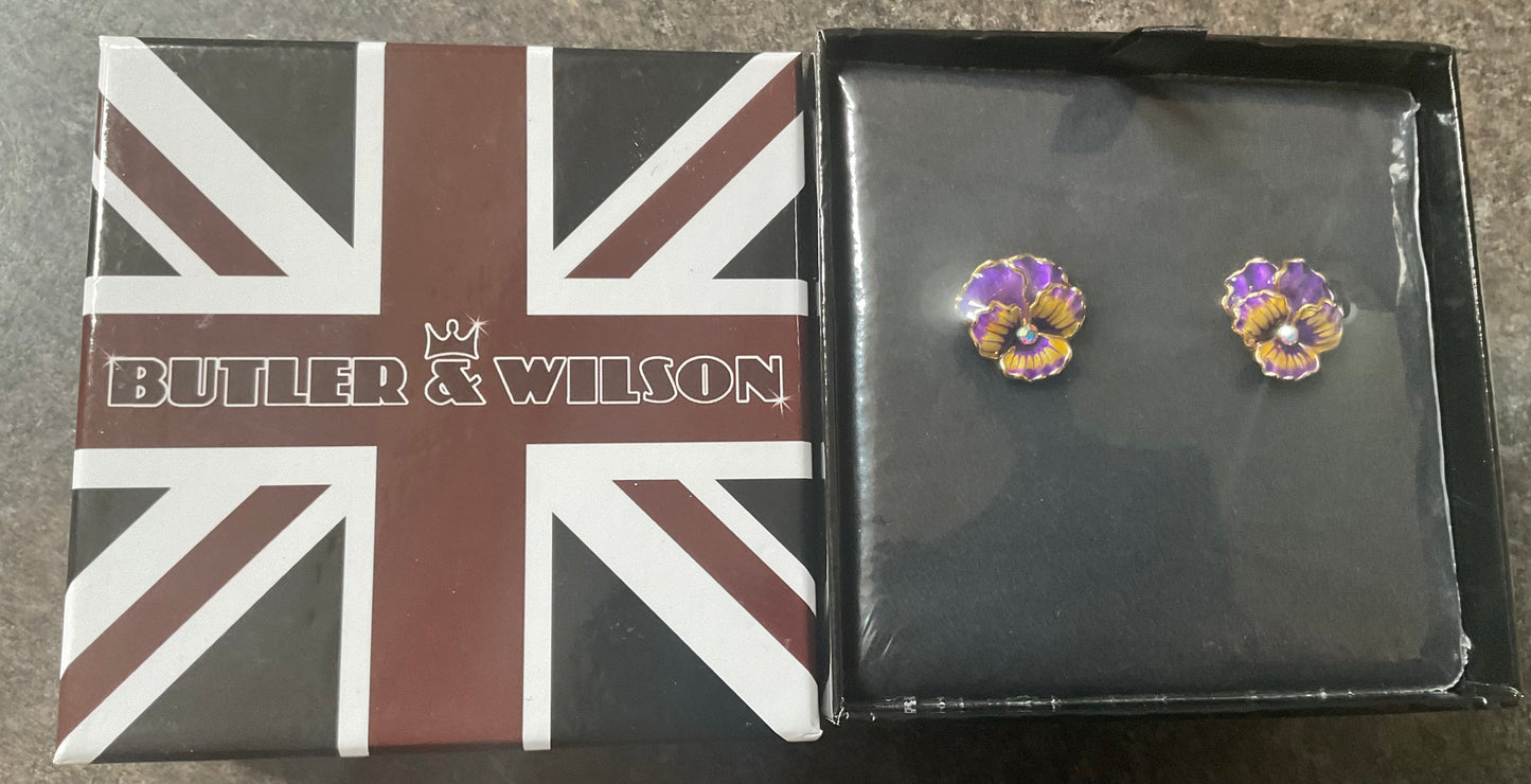 Butler and Wilson Purple and gold Pansy stud earrings sealed in original box
