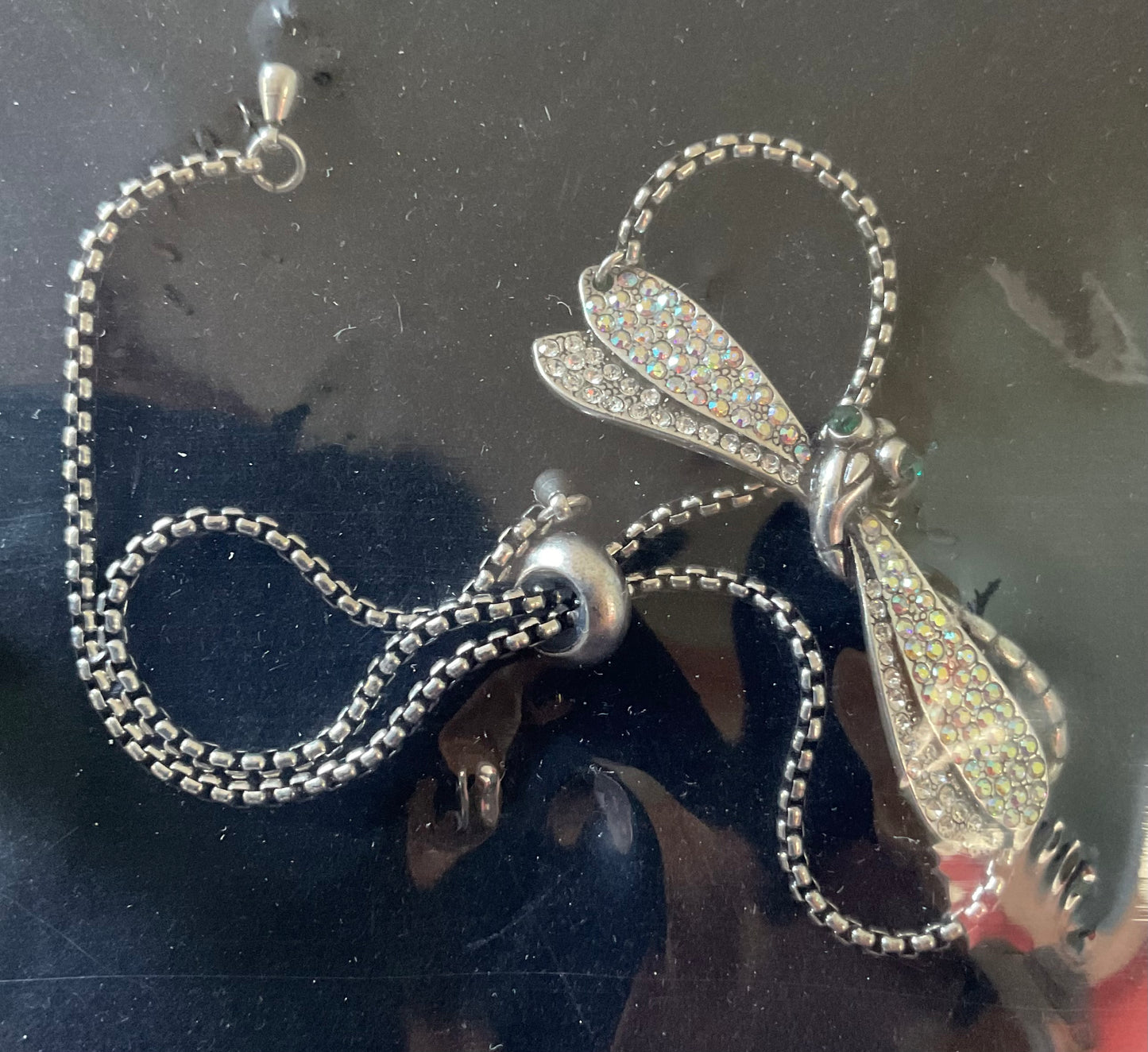 Butler and Wilson Dragonfly adjustable bracelet with clear and aurora borealis crystals silver tone sealed in original box