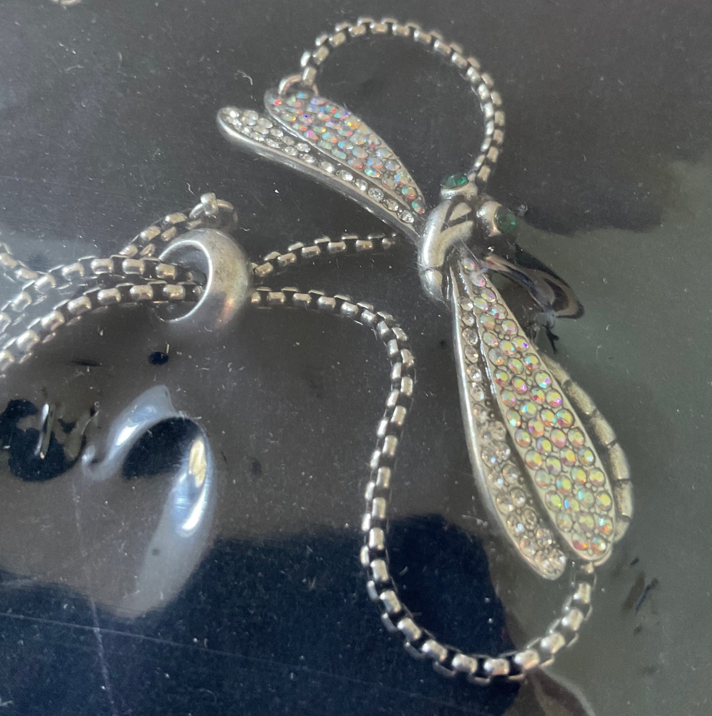 Butler and Wilson Dragonfly adjustable bracelet with clear and aurora borealis crystals silver tone sealed in original box