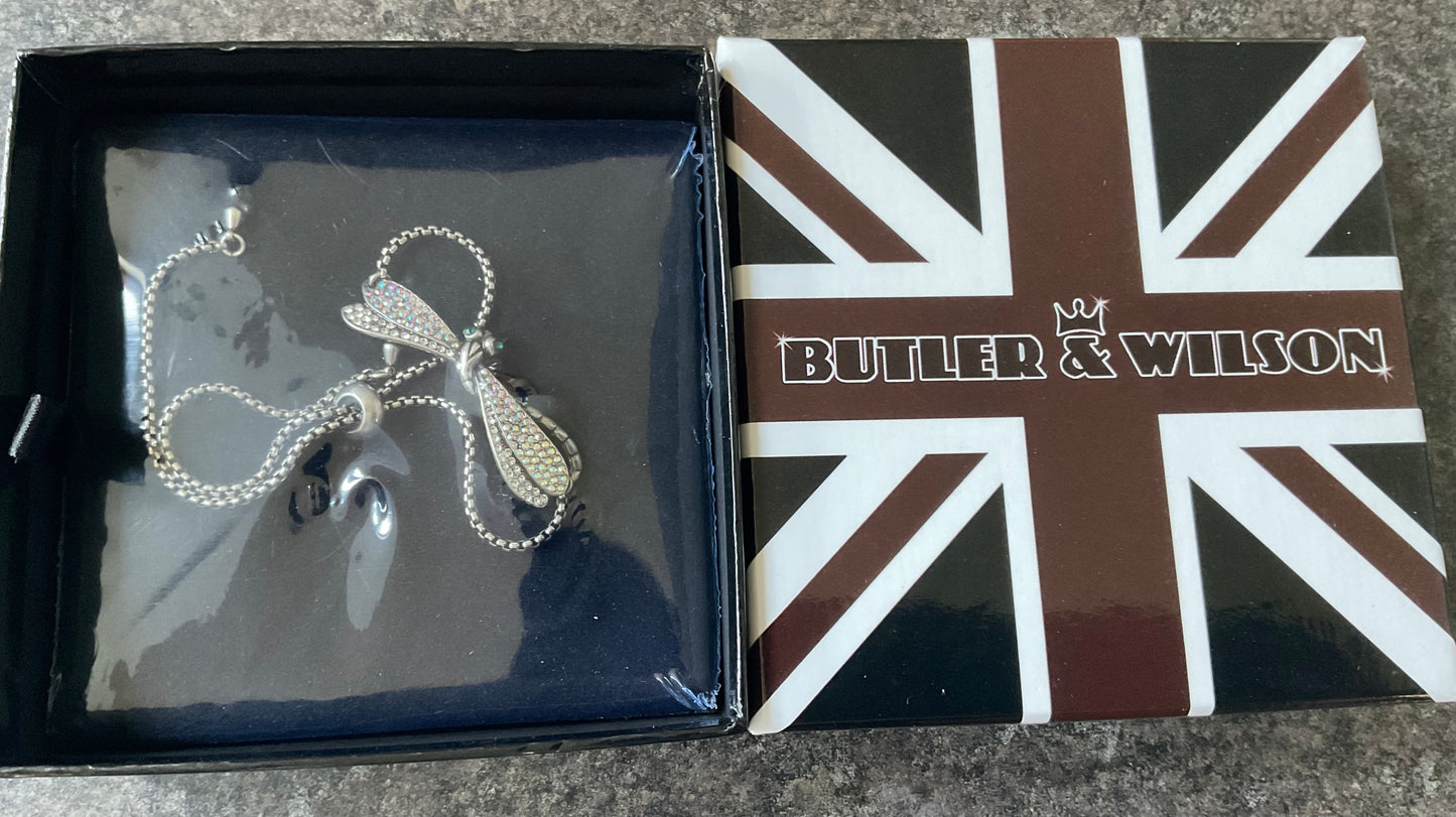 Butler and Wilson Dragonfly adjustable bracelet with clear and aurora borealis crystals silver tone sealed in original box