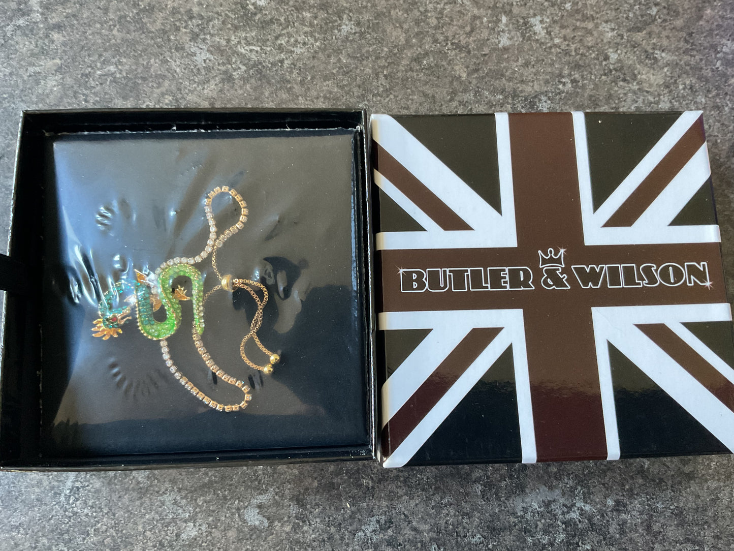 Butler and Wilson Serpentine Dragon blue and green crystal and enamel adjustable bracelet sealed in original box