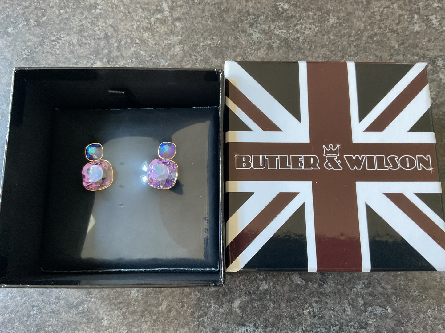 Butler and Wilson Graduated Crystal drop blue and pink crystal earrings sealed in original box