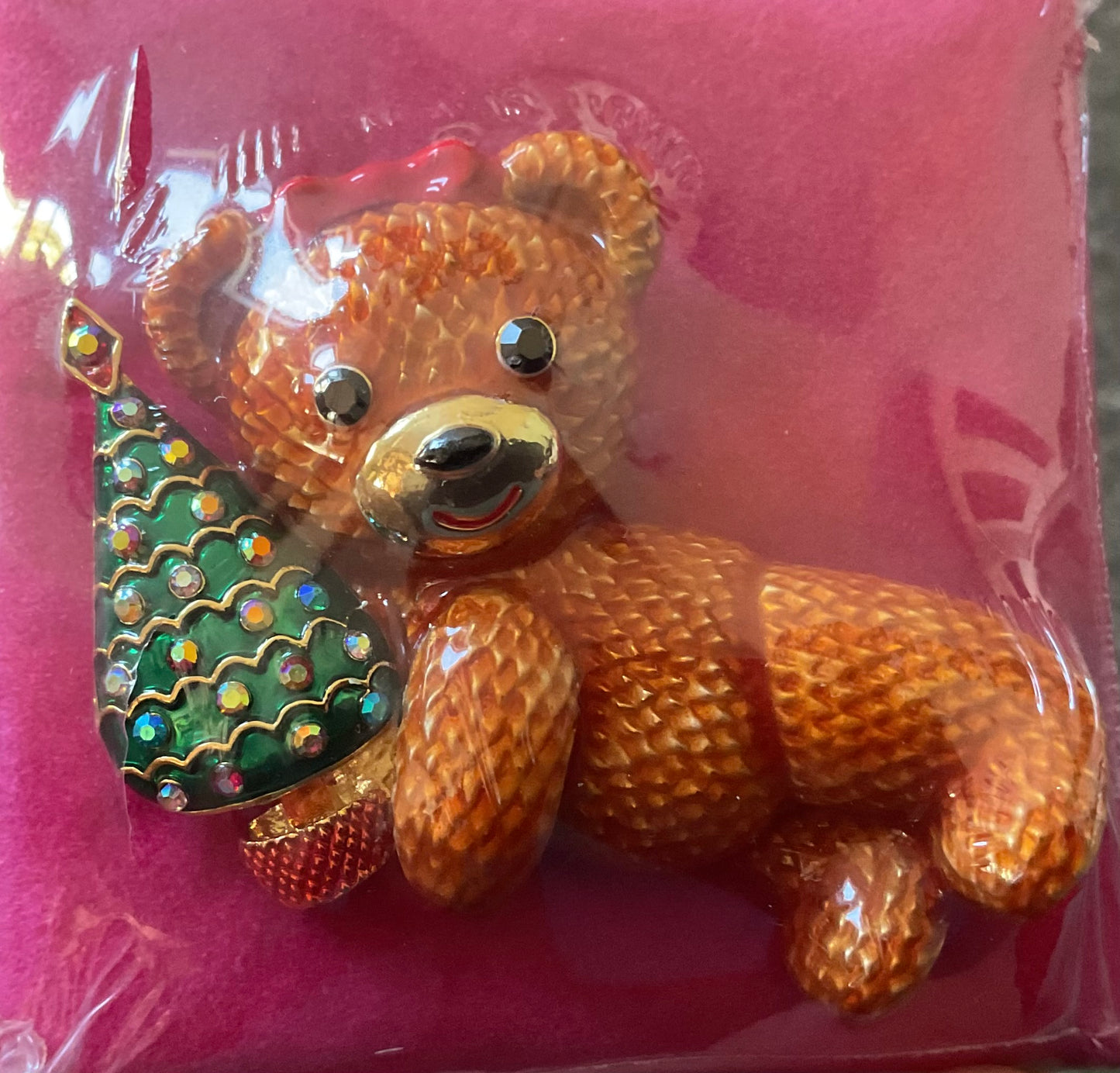 Butler and Wilson Teddy Bear holding Christmas tree enamel and crystals gold tone sealed in original box