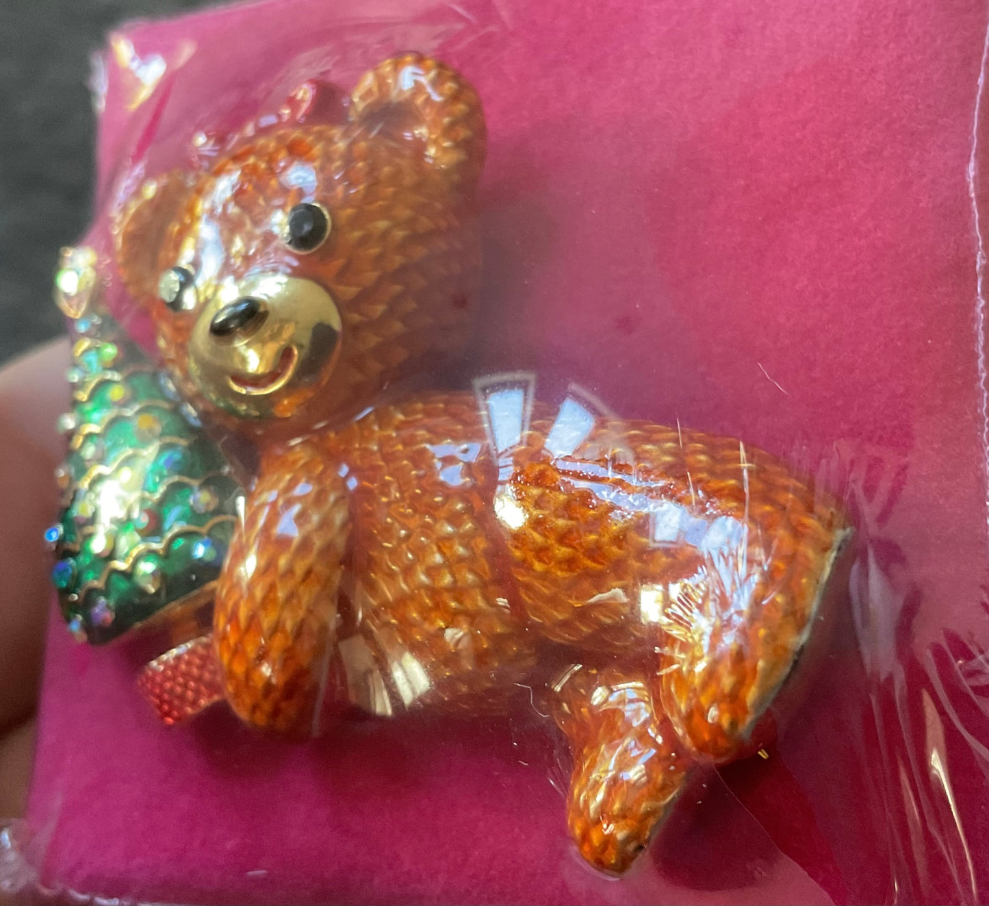 Butler and Wilson Teddy Bear holding Christmas tree enamel and crystals gold tone sealed in original box
