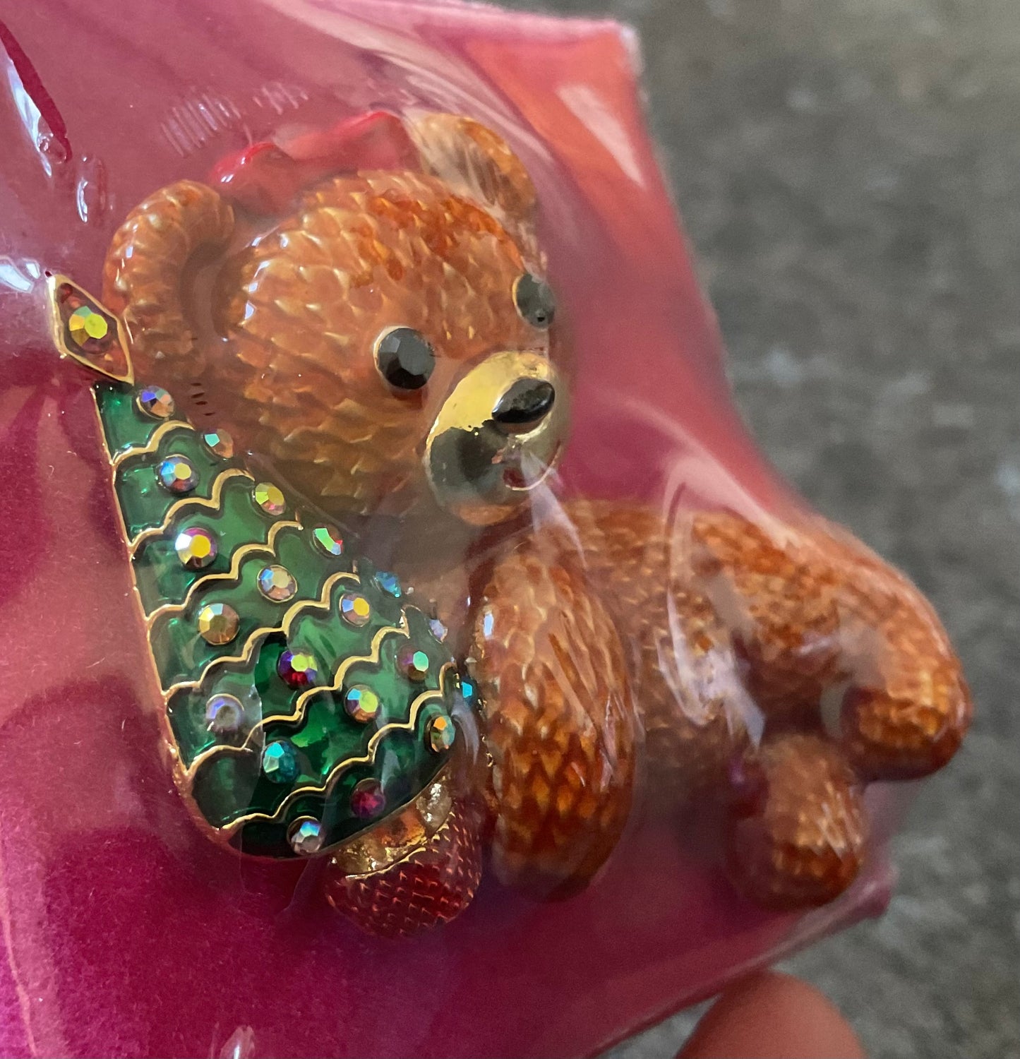 Butler and Wilson Teddy Bear holding Christmas tree enamel and crystals gold tone sealed in original box