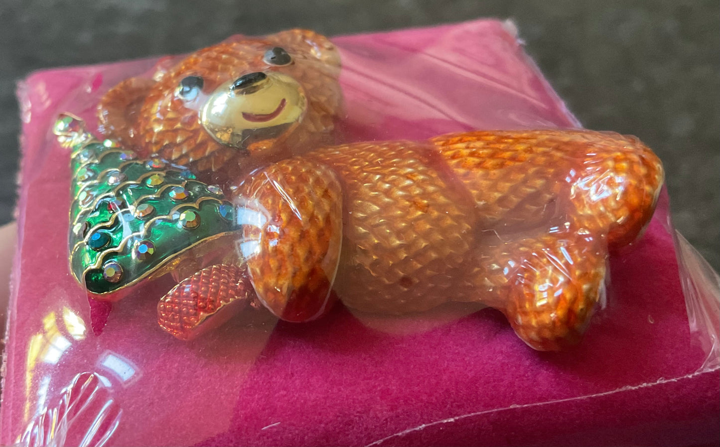 Butler and Wilson Teddy Bear holding Christmas tree enamel and crystals gold tone sealed in original box