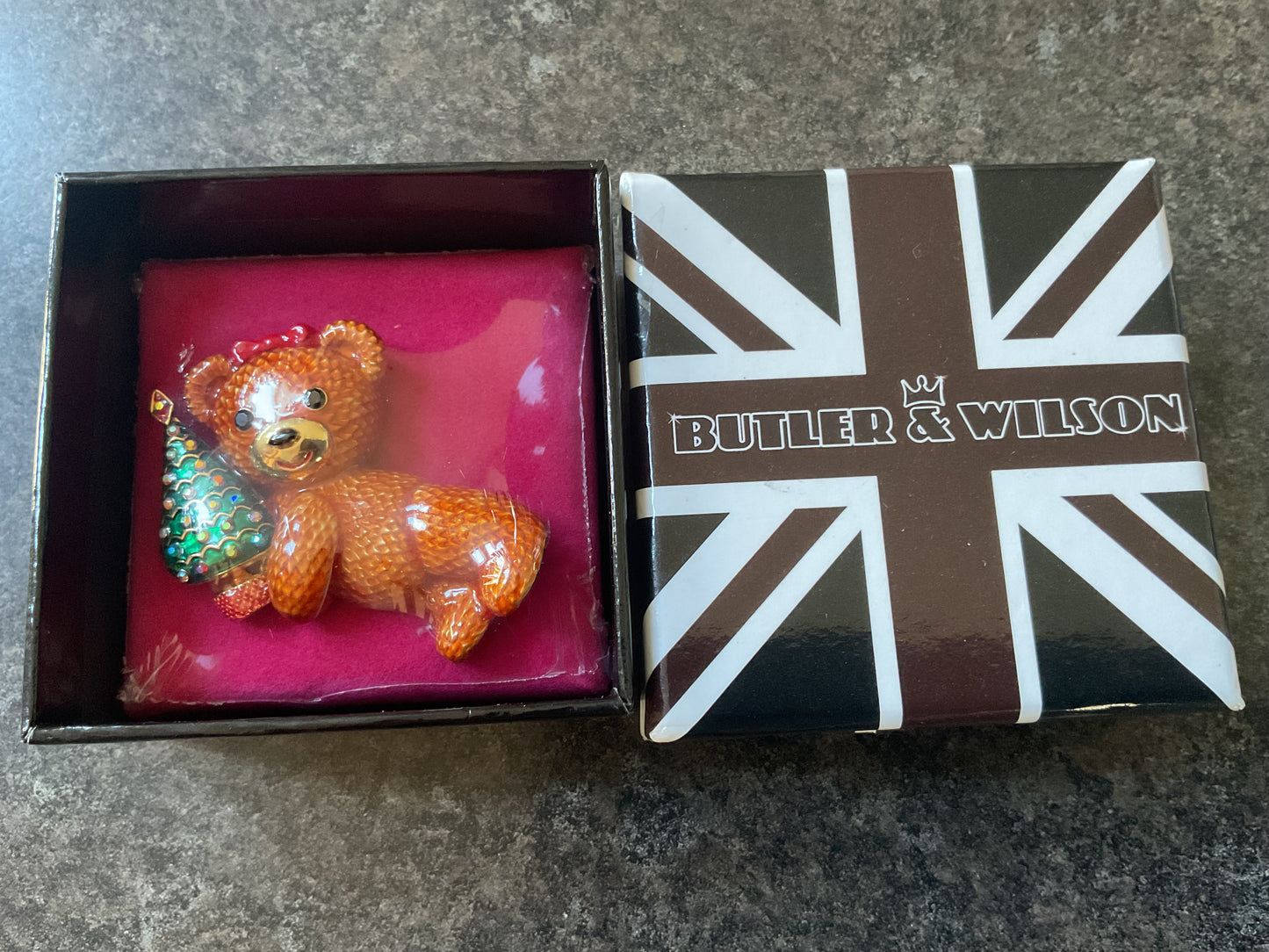 Butler and Wilson Teddy Bear holding Christmas tree enamel and crystals gold tone sealed in original box
