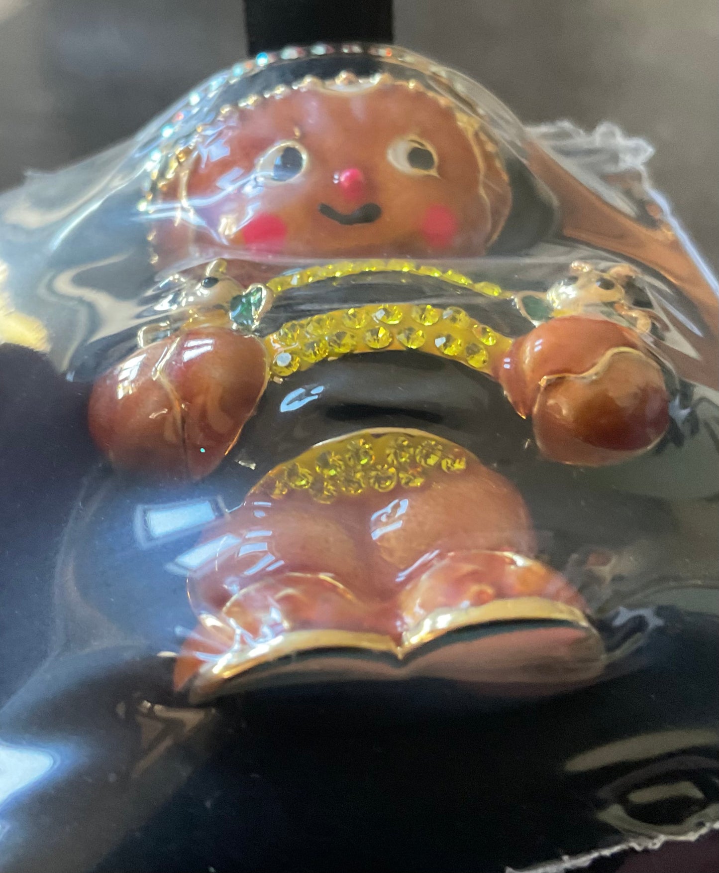Butler and Wilson enamel and crystal Gingerbread Man brooch gold tone sealed in original box