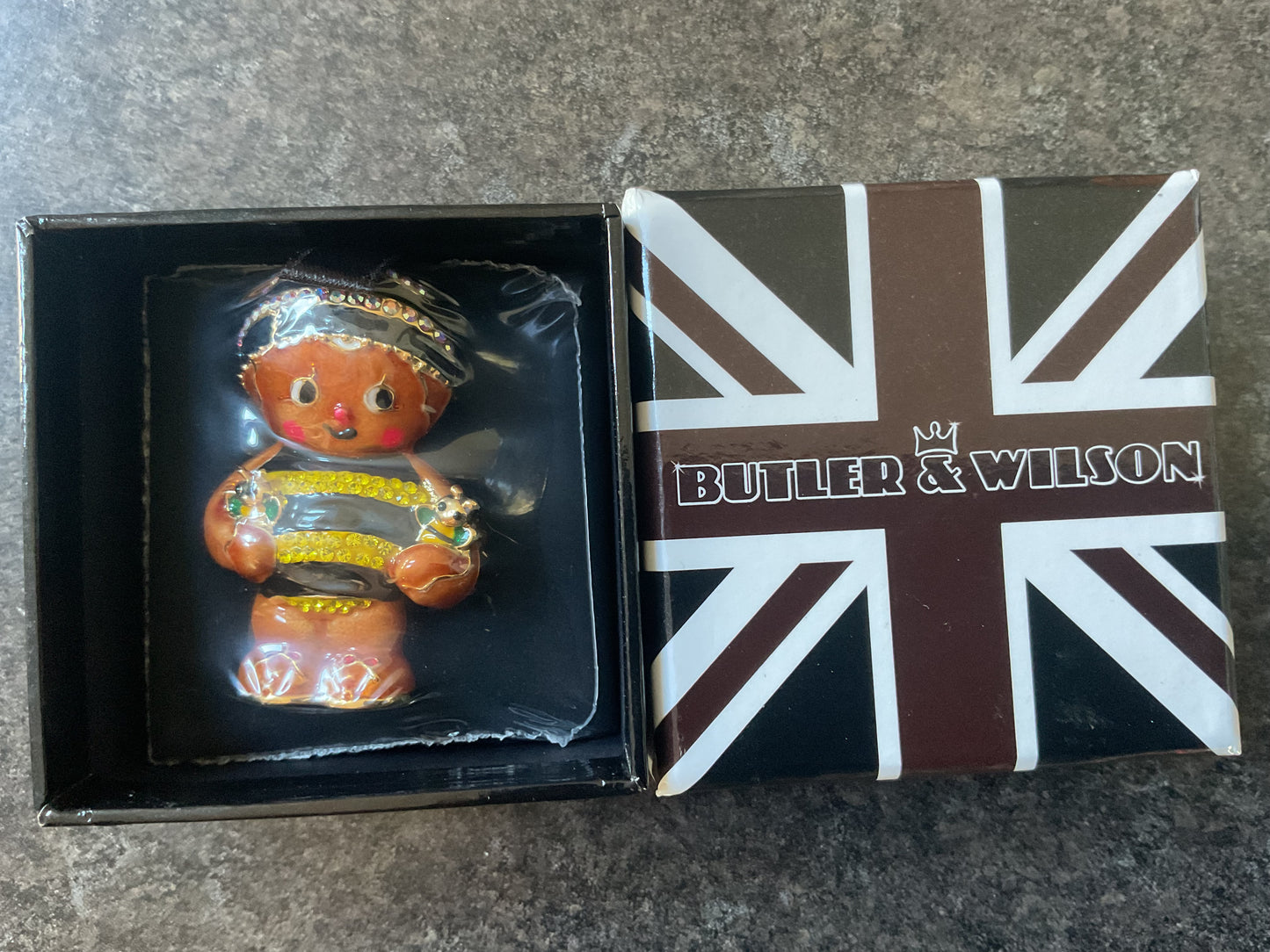 Butler and Wilson enamel and crystal Gingerbread Man brooch gold tone sealed in original box
