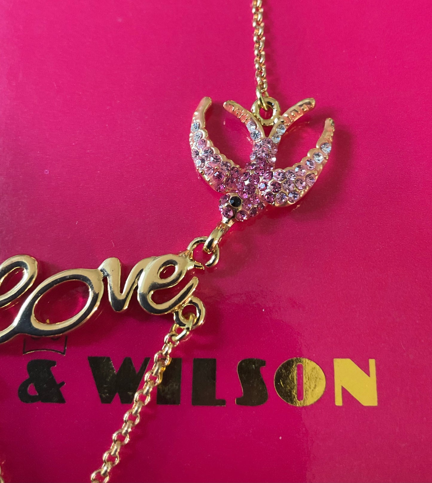 Butler and Wilson Pink Crystal Ribbon necklace with Swallows carrying the word ‘Love’
