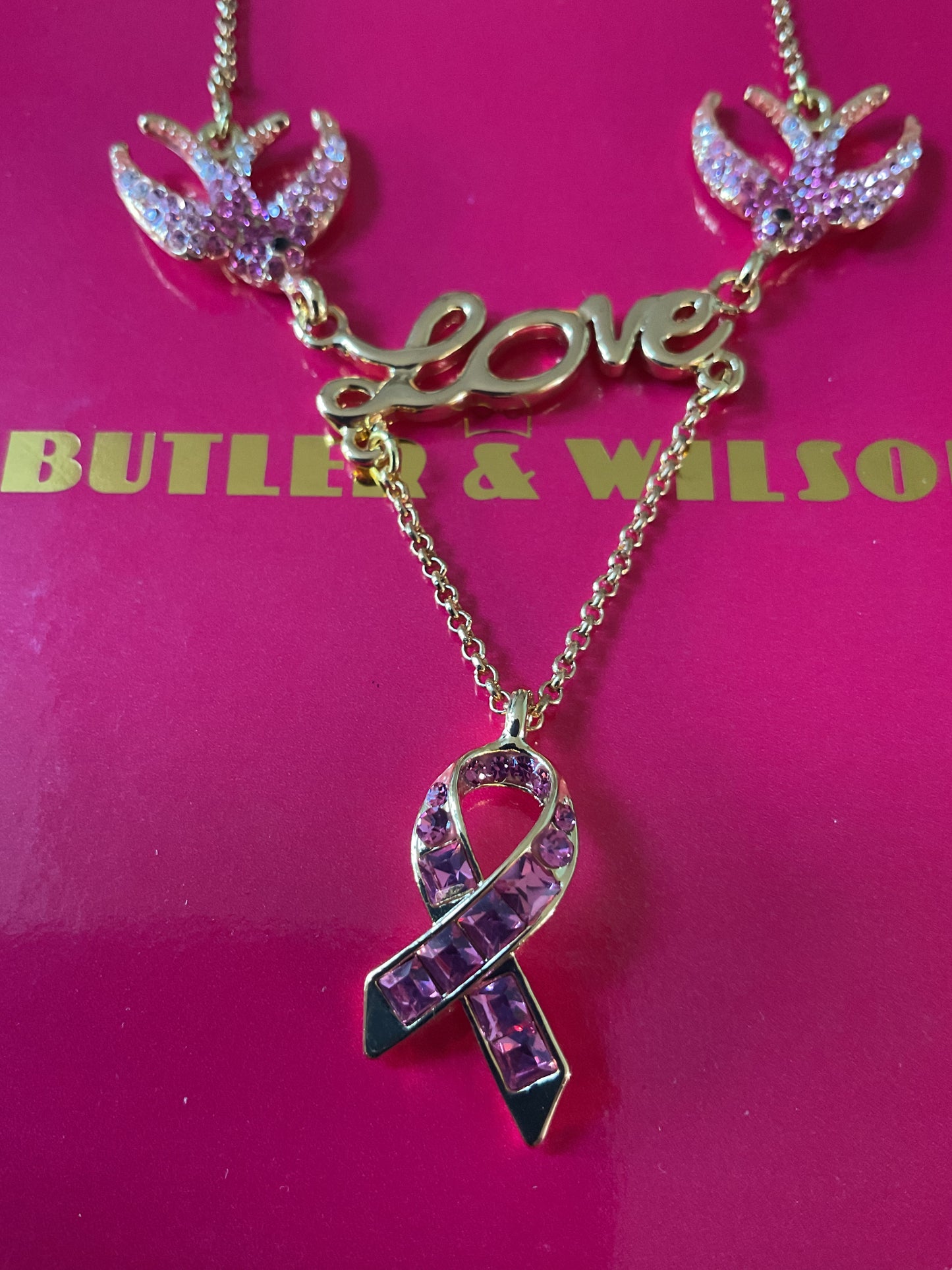 Butler and Wilson Pink Crystal Ribbon necklace with Swallows carrying the word ‘Love’