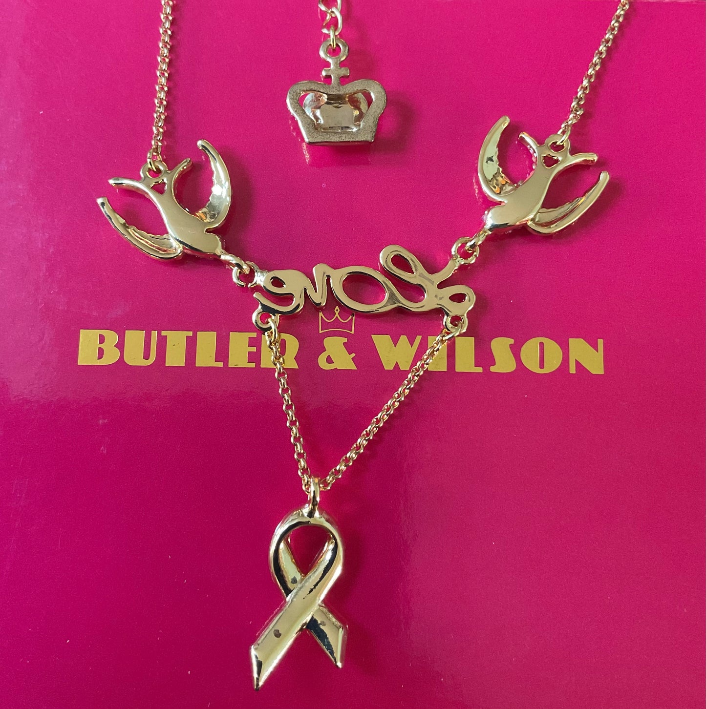 Butler and Wilson Pink Crystal Ribbon necklace with Swallows carrying the word ‘Love’