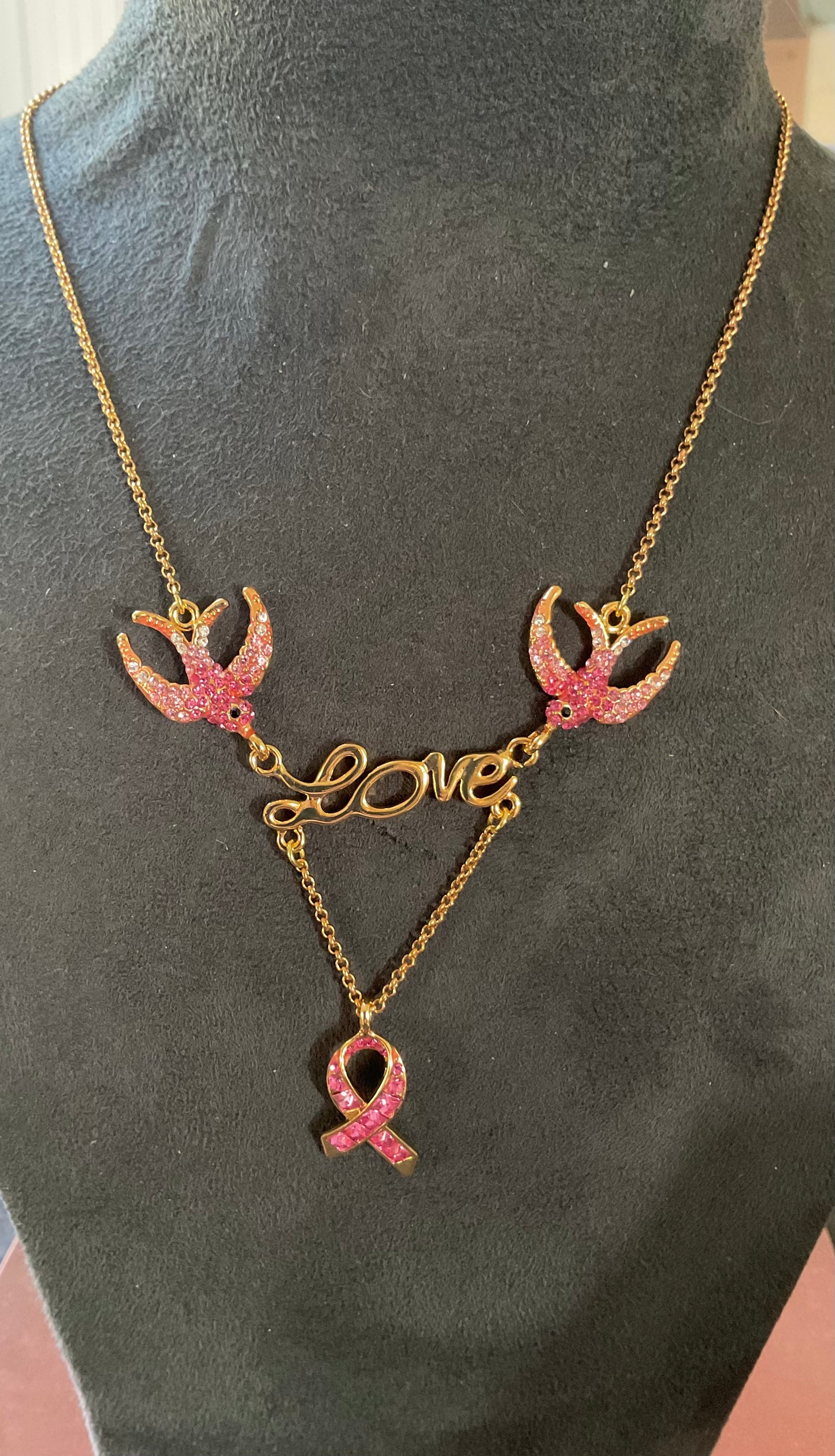 Butler and Wilson Pink Crystal Ribbon necklace with Swallows carrying the word ‘Love’